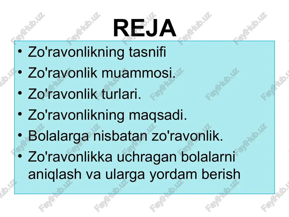 yoki zo‘ravonlik ko‘rsatish. hayotga tahdid qilish: qasddan og‘ir jarohatlar yetkazish yoki o‘limga sabab bo‘lish. psixologik (emotsional) zo'ravonlik ruhiy zo‘ravonlik —bu insonning hissiyotlariga, o‘z-o‘zini qadrlashiga yoki ruhiy holatiga zarar yetkazishga qaratilgan harakatlar, gaplar yoki xatti-harakatlar majmuasidir. bu zo‘ravonlik turi jismoniy kuch ishlatmasdan, lekin qurbonni hissiy jihatdan o‘z nazoratida saqlash, haqorat qilish yoki manipulyatsiya qilish orqali amalga oshiriladi. ruhiy zo‘ravonlikning turlari: - haqorat qilish va kamsitish: qo‘pollik, so‘kish yoki shaxsni obro‘sizlantirish. manipulyatsiya va nazorat: shaxsni boshqarish uchun aybdorlik hissini uyg‘otish yoki manipulyatsiya qilish. qo‘rqitish va tahdid qilish: bevosita yoki bilvosita tahdidlar orqali insonni qo‘rqitish. e’tiborni cheklash yoki beparvolik qilish: shaxsning his-tuyg‘ularini e’tiborsiz qoldirish yoki unga mutlaqo befarq bo‘lish. izolyatsiya qilish: oila yoki do‘stlar bilan muloqotni cheklash, ijtimoiy izolyatsiyaga majbur qilish. ishonchni zaiflashtirish: o‘z-o‘zini qadrlashni pasaytirish yoki o‘z qobiliyatlariga shubha uyg‘otish. jinsiy zo‘ravonlikning turlari jinsiy tajovuz: rozilik olmasdan amalga oshirilgan jinsiy aloqa yoki harakatlar. bolalarga jinsiy tajovuz: voyaga yetmagan shaxsga nisbatan jinsiy harakatlar …
