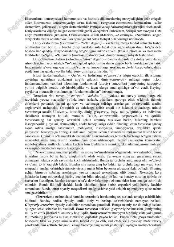 uz beradigan ijtimoiy tuzilmalarning buzilishi, aholi katta guruhlarining qashshoqlashuvi, iqtisodiy va ijtimoiy tanglik kabi omillarni ko‘rsatish mumkin. bu omillar aholi turmush sharoitlarining yomonlashuviga olib keladi. davvlat hokimiyatining zaiflashuvi, davvlat organlarining obro‘sizlanishi, ijro intizomining pasayib ketishi, qadriyatlar tizimining emirilishi, aksil ijtimoiy kayfiyat va harakatlarning kuchayib borishi ham ekstremizmni vujudga keltiradigan sabablardan hisoblanadi. ekstremizm aholining siyosiy va ijtimoiy kayfiyatidan mavvjud ijtimoiy tuzilmalarni vayron qilish maqsadida foydalanadi. ekstremistik tashkilotlar konstitutsiya va boshqa qonuniy hujjatlarga zid tarzda faoliyat yuritadi. shu ma’noda, ekstremizm — huquqiy nigilizmning bir ko‘rinishi hisoblanadi. xx asrning 80-90 - yillarida siyosiy ekstremizmning namoyon bo‘lish ko‘lami kengaydi. bu davvrda odamlarni garovga olish, siyosiy qotilliklar, siyosiy partiyalar a’zolariga qurolli hujumlar uyushtirish, anarxistik, shovinistik va neofashist guruhlarning faollashuvi kuzatildi. ekstremizm siyosiy, psixologik, maishiy va boshqa ko‘rinishlarda bo‘lishi mumkin. siyosiy ekstremizmning ashaddiy ko‘rinishi — terrorizmdir. ekstremistlar odamlarga qiyinchiliklarni tezda bartaraf qilish, tartibni kafolatlash, ijtimoiy ta’minotni yaxshilash singari va’dalar beradi. siyosiy ekstremizm «so‘l» va «o‘ng» ko‘rinishlarga …