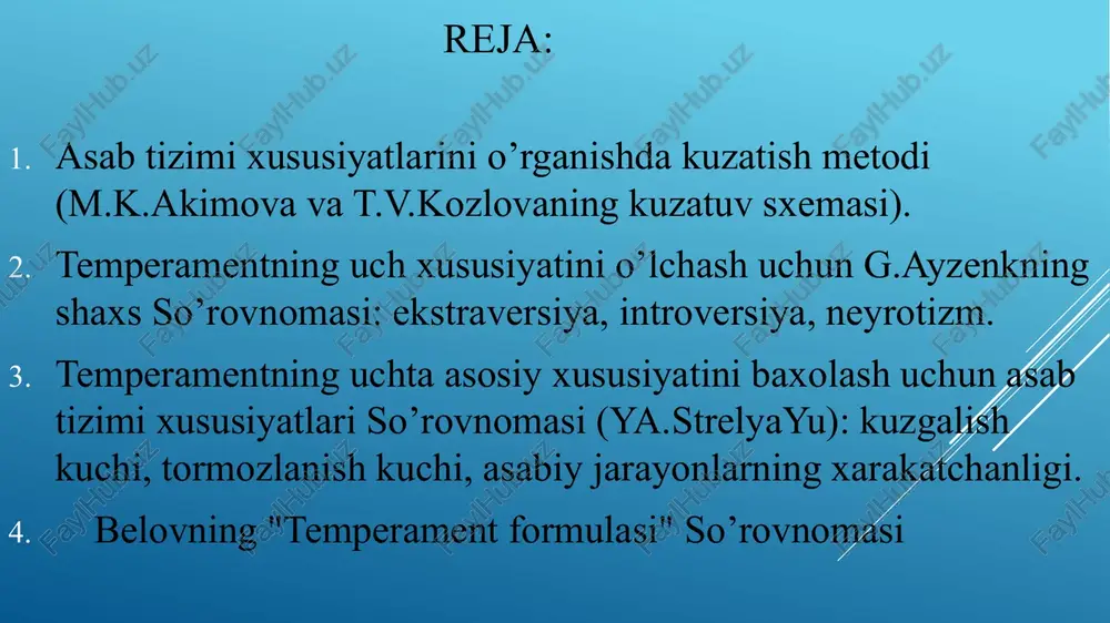 yuzaga keltiradi. 2. reaktivlik. kishiga turli ichki va tashqi qo`zg`atuvchilar ta`sir qiladi. aytaylik ichki va tashqi qo`zg`atuvchilar ta`sir kuchi bir xil bo`lganda qanday emosional reaktsiya nomoyon qilishi baholanadi. reaktivlik - emosionallik va ta`sirlanuvchanlikdir. 6 3. aktivlik. turli faoliyatni bajarishda, to`siqlarni engib o`tishda qanday faollik ko`rsatishi baholanadi. 4. reaktivlik va aktivlikning o`zaro munosabati. bu ikkalaa xususiyatdan qaysi biri ustunligi. 5. reaktsiya tempi. turli psixik reaktsiyalar va jarayonlarning o`tish tezligi. (nutq tempi, fikr yuritish tezligi, harakatlari tezligi va h.k.) 6. xaraktlarning egiluvchanligi (moslashuvchanligi) va unga qarama-qarshi xususiyat rigidligi (qotib qolganligi). 7. ekstrovertlik va introvertlik. ekstrovertlik kishinig psixikasining tashqariga yo`nalganligi, tashqi olam bilan faol munosabatda bo`lishi, faoliyatining ayni choqdagi taassurotlarga bog`liqligi. introvertlik - faoliyatning ichki obrazlarga, o`tmish va kelajak bilan bog`liq fikrlarga bog`liqligi. 7 kishining temperamenti qanaqaligi haqidagi tasavvur odatda shu shaxs uchun xarakterli bo`lgan ayrim psixologik xususiyatlar asosida vujudga keladi. sezilarli psixik aktivlikka ega bo`lgan, atrofda bo`layotgan voqealarga o`z munosabatini bildiruvchi, taassurotlarini …