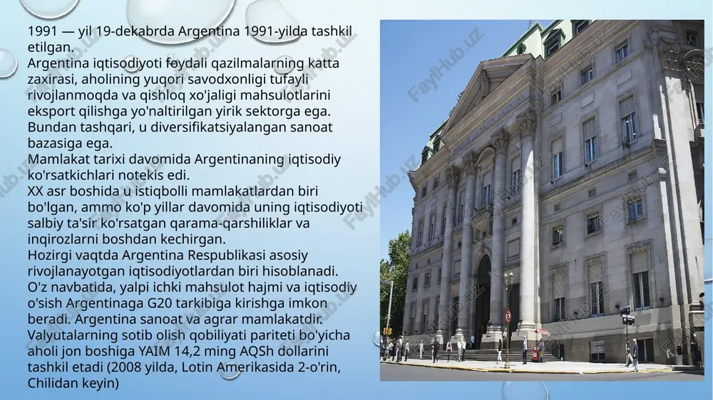 icha eksport. birlashgan millatlar tashkilotining comtrade xalqaro savdo ma'lumotlar bazasiga ko'ra, 2024 yilda argentinaning umumiy eksporti 79,72 milliard aqsh dollarini tashkil etdi. argentinaning asosiy eksport sheriklari: braziliya, aqsh va chili. uchta asosiy eksport tovarlari: turlari bo'yicha ko'rsatilmagan tovarlar; don va chiqindilar, oziq-ovqat sanoati chiqindilari, hayvonlar uchun ozuqa. importning umumiy hajmi 60,82 milliard aqsh dollarini tashkil etdi. 2024 yilda argentinaning savdo profitsiti 18,90 milliard aqsh dollarini tashkil etdi. argentina markaziy banki inflyatsiya pasayishda davom etar ekan, 2025-yil 31-yanvarda bazaviy foiz stavkasini 300 bazaviy punktga 29 foizga tushirdi. bu prezident xaver miley 2023-yil dekabr oyida ish boshlaganidan beri stavkaning to'qqizinchi pasayishi bo'lib, qarz olish xarajatlarini 2020-yil oktabridan beri eng past darajaga tushirdi. 2024-yil dekabr oyida mamlakatdagi yillik inflyatsiya ketma-ket sakkizinchi oy davomida 117,8% gacha sekinlashdi, bu 2023-yil iyulidan beri noyabrdagi 166% ga nisbatan eng past ko'rsatkichdir. oylik inflyatsiya darajasi 2,7% ni tashkil etdi, bu ketma-ket uchinchi oy 3% dan past. ko'rsatkichning pasayishi …