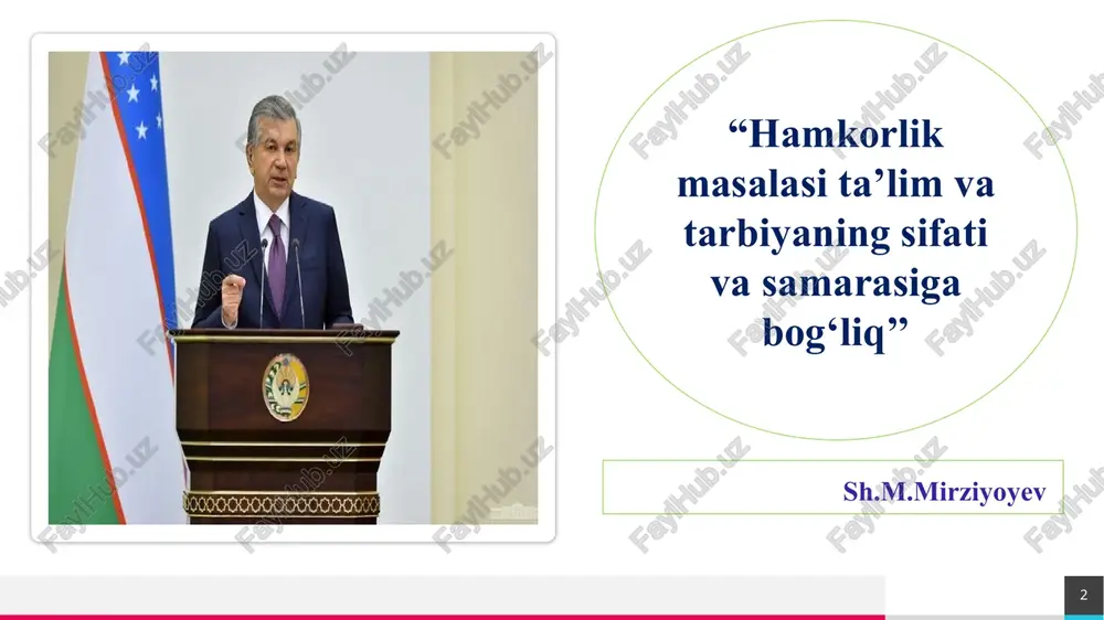 iy aloqalarni samarali o‘rnatish. trey research 5 6 trey research 6 vazifa jamoada sog‘lom muhit dasturini amalga oshirishda pedagogik jamoani maktabga bo‘lgan munosabatini o‘zgartirib olish. sog‘lom jamoani shakllantirishda ota-onalar hamda jamoatchilik,vakillarini jalb qilish. turli tadbirlar va tashabbuslar bilan ishtirokchilarni rag‘batlantirish orqali sog‘lom muhit yaratish. maktab jamoasi o‘rtasida ijtimoiy hamkorlikni rivojlantirish. 7 muammo yuzasidan xorijiy tajribalarni o‘rganilganligi jamoada sog‘lom muhitni yaratish va maktabning jozibadorligini oshirishda fransiya tajribasi o‘rganildi.maktab jamoasi a’zolari maktabda sog‘lom muhitni yaratishda muhim rol o‘ynaydi.maktab direktori ta’lim muassasasini jozibador qilish uchun jozibador maktab brendini yaratadi. flippin tajribasi o‘rganilganda maktablardagi osoyishta muhit ta’lim oluvchilarni “o‘zini xavfsiz his qilish - ijtimoiy, hissiy, intellektual ehtiyoji” ekanligini ta'kidlaydi.“bolaga do‘stona maktab tizimi” joriy etilgan. trey research dobavit nijniy kolontitul 8 qiyosiy tahlil etilganligi t/r amaldagi holat (o‘zbekistonda) amaldagi holat (xorijda) taklif jamoada sog‘lom muhitni yaratishda rahbarning adolatli yondashuvi yo‘qligi, sog‘lom raqobatning to‘g‘ri yo‘lga qo‘yilmaganligi hamda samarali boshqaruvning tashkil etilmaganligi. fransiya davlati maktab direktori jamoa …