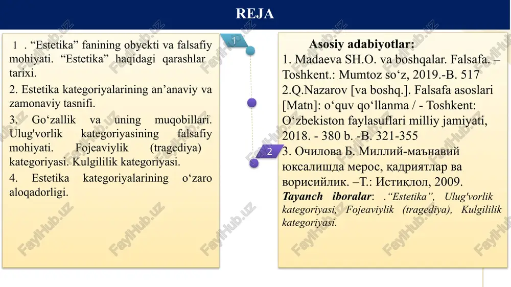 r. estetika fani falsafiy bilimlar tizimida o‘ziga xos o‘rin egallaydi. estetikaning borliqni estetik o‘zlashtirish mohiyati va qonuniyatlari haqidagi fan; estetika fani psixologiya fani bilan ham chambarchas bog‘liq. 1 estetikaning predmeti, maqsadi va vazifalari: estetika san’at va badiiy faoliyat turli shakl ko‘rinishlarini o‘rganadigan bilim sohalari uchun uslubiy asos bo‘ladi. estetikaning amaliyot uchun ahamiyati nimada? u voqelikka qanday ta’sir o‘tkazadi? estetika san’atshunoslik bilim sohalari uchun boshlang‘ich na-zariy va uslubiy asos bo‘ladi. estetika amaliyoti adabiy-badiiy tanqidda yaqqol namoyon bo‘ladi. badiiy tanqid bilan estetik nazariya o‘rtasida azaliy uzviy bog‘liqlik mavjuddir. i estetikaning predmeti, maqsadi va vazifalari: “estetika” haqidagi qarashlar tarixi. geraklit (e.a. 540-480) nafosat xossalari moddiy dunyoning o‘zidan kelib chiqqan, nafosat hamohanglikni anglatadi, hamohanglik esa qarama-qarshiliklar birligini tashkil etadi, deb ko‘rsatadi va nafosatning nisbiyligi g‘oyasini ilgari suradi. suqrot (e.a. 470-399), go‘zallik koinotdan inson turmushiga, uning ichki kechinmalariga ko‘chirilgan, go‘zallik va ezgulik bir-biridan ajralmasdir. aflotun (e.a. 427-347) fikricha, nafosat manbaini “g‘oyalar” tashkil etadi, uning yoritib …
