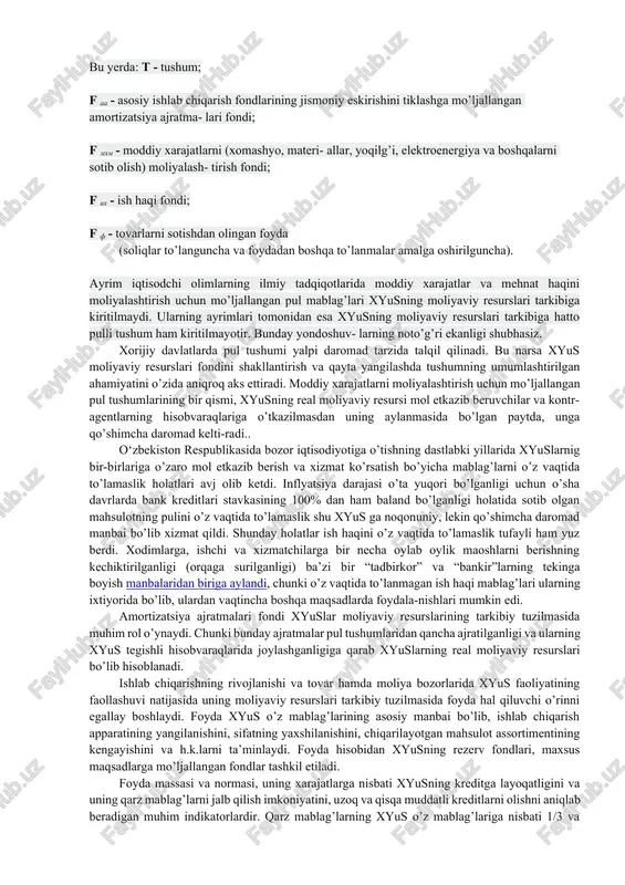 ayonini yangidan boshlash va rivoj- lantirishga mo’ljallangan xyusning moliyaviy resurslari bu pul shaklidagi uning kapitalidir. mehnat vositalari, predmetlari va natijalariga aylangan moddiy-buyumlashgan kapital, ishlab chiqarish jarayoni ishtirokchilarining jismoniy va intellektual qobiliyat-laridan iborat bo’lgan inson kapitali kapital mavjudligi va harakatining boshqa pulsiz shakllari hisoblanadi. printsip jihatidan, takror ishlab chiqarish jarayonining doiraviy aylanishiga kiritilgan va uning egasiga daromad keltiruvchi har qanday mulkiy va intellektual boylik kapital bo’lishi mumkin. tijoriy xyuslarning moliyaviy resurslari dastlab (birlamchi holda) ular ta’sis kapitalining bir qismini pul shaklida qo’yish va, shuningdek, boshqa shaxslar va tashki-lotlardan maqsadli moliyalashtirish va subsidiyalar ko’rinishida kelib tushgan pul mablag’lari qismi hisobidan shakllantiriladi. ta’sis kapitalining pul shaklida bo’lmagan qismi (sanoat va intellektual mulk ob’ektlari, ulardan foydalanish huquqlari va boshqalar) esa, xuddi maqsadli tushilmalar singari, agar ular pul ko’rinishida qo’yilmagan bo’lsa, ularni xyusning moliyaviy resurslari tarkibiga kiritish maqsadga muvofiq emas. dastlabki (birlamchi) kapitalning ishlab chiqarishga investitsiya qilinishi tovar-pul doiraviy aylanishi jarayonining kengayishini boshlab beradi. uning …