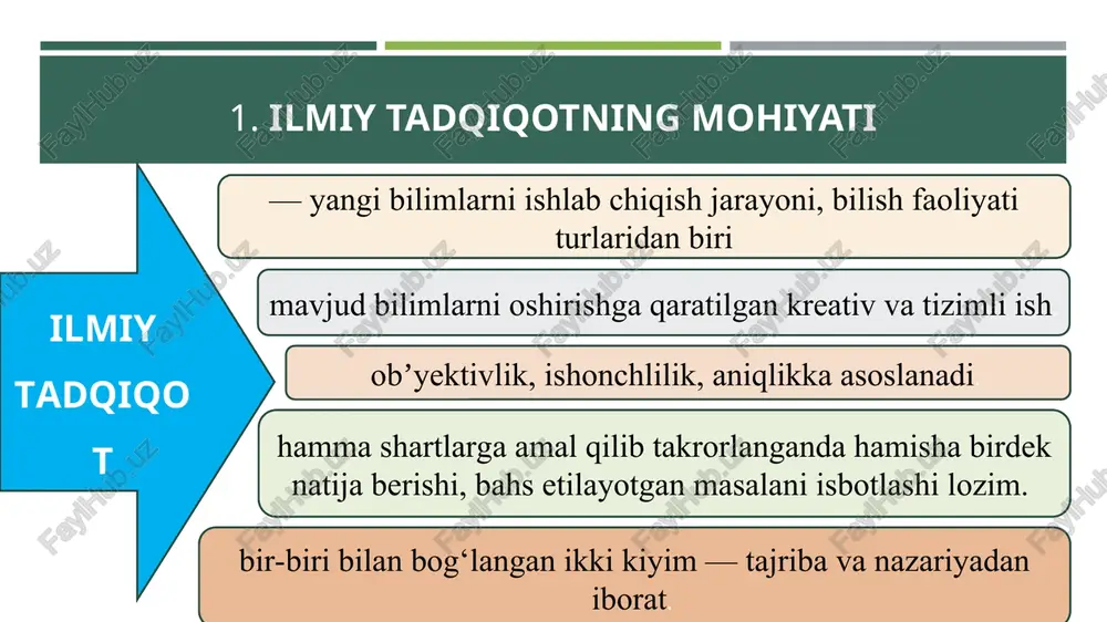 ddiy dunyoning har qanday materiali (elektrotexnik uskunalar, elektrlashtirilgan qurilmalar, mashina va mexanizmlar), jarayonlar (texnologik, energetik, agrotexnik, elektromagnit, moddiy materiallar elementlari va h.k.lar) kiradi. ilmiy mehnat vositalari ilmiy tadqiqot usullariga quyidagilar kiradi: empirik tadqiqot usullari (kuzatish, qiyoslash, o‘lchash, eksperiment) nazariy tadqiqot usullari (mavhumdan aniqlikka tomon borish va b.) empirik va nazariy tadqiqotlar usullari (tahlil va sintez, induksiya va deduksiya, modellashtirish, mavhumlashtirish va b.). 1-reja bo`yicha xulosa: oliy ta’lim tizimida talabalar ilmiy tadqiqot ishlariga birinchi kursdanoq referat, kurs ishi yozish, mustaqil ta`lim topshiriqlarini bajarish orqali jalb etiladi. ijtimoiy pedagogika fanini o`qitilishida ham 120 soat mustaqil ta`lim topshiriqlarini bajarishga ajratilgan. talabalar tomonidan ijtimoiy pedagogika fani bo`yicha rejalashtirilgan mustaqil ta`lim mavzulari bo`yicha taqdimot, tayyorlashlari, keys ishlab chiqishlari, kayzislarni yaratish ilmiy tadqiqotlarning kichik bir ko`rinishidir. 1-reja bo`yicha xulosa: talabalik yillarining dastlabki bosqichidanoq sizlarni ilmiy tadqiqot ishlariga jalb etishdan asosiy maqsadimiz kelajakda malakali mutaxassislarni tayyorlash, ilmiy izlanishlar olib borishda ma’lum bir ko‘nikmalar hosil qildirish, tajriba orttirtirish, …