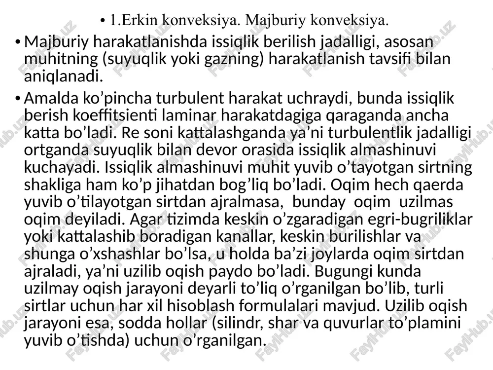 bo’ladi. bu yerda tdev – devor sirtining temperaturasi; tc – devor sirtini yuvib o’tadigan muhitning temperaturasi. suyuqlik bilan qattiq jism orasidagi issiqlik almashinuvining konkret shart-sharoitlarini hisobga oluvchi proportsionallik koeffitsienti  issiqlik berish koeffitsienti deyiladi. konvektiv issiqlik almashinuvi ancha murakkab jarayon. bu jarayonni hisoblashda asosiy masala issiqlik berish koeffitsienti  ni aniqlashdir. issiqlik berish koeffitsienti  juda ko’p faktorlarga bog’liq bo’lib, ulardan asosiylari quyidagilar: - suyuqlik oqimining vujudga kelish sabablari - suyuqlikning oqish tartibi - suyuqlikning fizik xossalari - suyuqlik yuvib o’tayotgan sirtning shakli, o’lchami va holati issiqlik berish koeffitsientining tahminiy qiymatlari konvektiv issiqlik almashinuv jarayoni , vt/(m2k) gazlardagi tabiiy konvektsiya 6 – 100 gazlar quvurda yoki quvur oralig’ida majburiy harakatlanganda 12 – 120 suv bug’ining quvurdagi harakati 110 – 2200 suvning tabiiy konvektsiyasi 110 – 1100 suvning quvurdagi harakati 500 – 11000 qaynayotgan suv 2200 – 11000 kondensatsiyalanayotgan suv bug’i 4500 – 22000 issiqlik oqimini aniqlovchi barcha formulalarda suyuqlik temperaturasi …