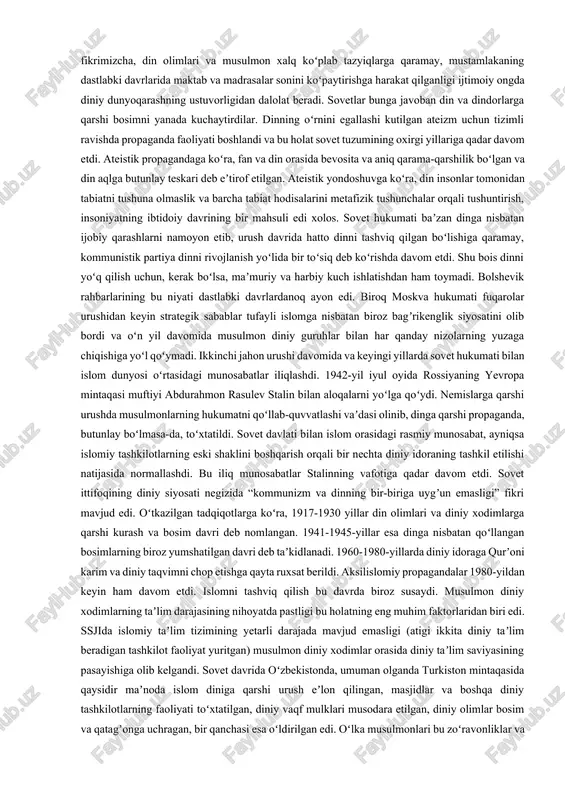 an edi. bundan tashqari, xalqning saylov huquqi ham bekor qilingan edi. adolat izlagan xalq faqat oʻzlari istiqomat qiladigan hududdagi qozilarga arz qilishlari mumkin edi xolos. oqibatda qozi va mullalarning obroʻsiga putur yetdi. bu salbiy holat madrasalarga ham taʼsir koʻrsatmay qolmadi. chor rossiyasining musulmon aholini kuchli nazorat va taʼqib qilish siyosati boshlandi. ayniqsa, tariqatlarning xalqqa taʼsiri va bir-biriga oʻta sodiq tizimga egaligi ommani tuzumga qarshi safarbar etish salohiyatiga ega boʻlgani sababli ular chor rossiyasida ham, sovetlar davrida ham kuchli nazorat va bosim ostida tutilgan. bizning fikrimizcha, din olimlari va musulmon xalq koʻplab tazyiqlarga qaramay, mustamlakaning dastlabki davrlarida maktab va madrasalar sonini koʻpaytirishga harakat qilganligi ijtimoiy ongda diniy dunyoqarashning ustuvorligidan dalolat beradi. sovetlar bunga javoban din va dindorlarga qarshi bosimni yanada kuchaytirdilar. dinning oʻrnini egallashi kutilgan ateizm uchun tizimli ravishda propaganda faoliyati boshlandi va bu holat sovet tuzumining oxirgi yillariga qadar davom etdi. ateistik propagandaga koʻra, fan va din orasida bevosita va …