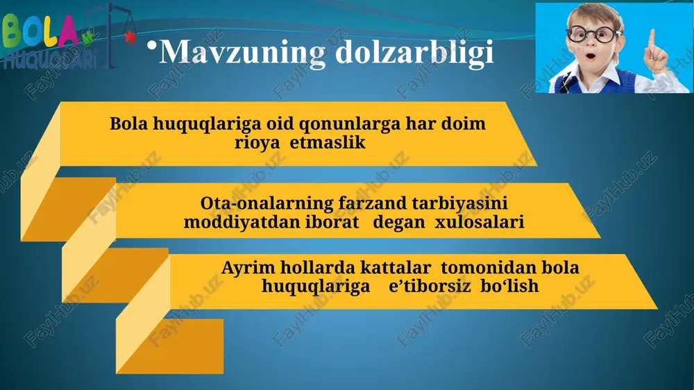 lish maqsadida “xavfsiz muhit” yoki “xavfsiz makon“ ni yaratish. maktab o‘quvchilarining eng ko‘p buziladigan huquqlari pedagoglar tomonidan o‘quvchiga nisbatan qo‘pol munosabat. ayrim ayrim hollarda o‘quvchiga nisbatan kuch ishlatish holatlari. o‘quvchining ijtimoiy kelib chiqishiga qarab munosabatda bo‘lish. o‘quvchilarning bilimini pedagoglar tomonidan shaffof baholamaslik. o‘quvchining erkin fikr bildirish imkoniyatidan mahrum qilinishi. o‘quvchining erkin ijod qilishi uchun shart- sharoitning mavjud emasligi. ota-ona tomonidan bolaga bo‘lgan e’tiborning yo‘qligi. 7 vazifalar ota-onalarning bola huquqlari to‘g‘risidagi qonunlar bilan muntazam tanishtirib borish; maktabda o‘quvchilarning qanday huquqlari buzilayotganligini doimiy ravishda o‘rganib borish; o‘quvchilar o‘rtasida “mening huquq va burchlarim” mavzusida seminar-treninglar tashkil etish; bolalar huquqini himoya qiluvchi tashkilotlar bilan mustahkam hamkorlikni o‘rnatish. aqsh xitoy malayziya aqsh da bola tug‘ilishi bilan inson uchun zarur bo‘lgan barcha huquqlarga ega bo‘ladi. aqshda 1912-yildayoq “bolalar byurosi” tashkil topgan. bu tashkilot bolalar huquqini nafaqat tashqi muhitdan, balki bolalarni ota-onalarining zo’ravonliklaridan ham himoya qiladi. lekin shunga qaramay aqsh da bolalarga nisbatan ham terrorchilik harakatlari bo`lib …