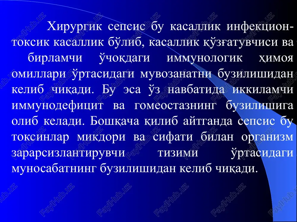 qalishi mikroblar biologik xususiyatlarining xar xil bo'lishiga karamasdan kasallikning bir xil klinik ko'rinishda namoyon bo'lishi organizm reaktivligining o'zgarishi birlamchi septik o'chokning mavjudligi maxsus (spetsifik) patologoanatomik o'zgarishlarning bo'lmasligi sepsisning quyidagi qo'zgatuvchilari mavjud: stafilokokklar streptokokklar enterobakteriyalar ichak tayoqchalari ko'k yiring tayoqchalari psevdomonadalar zamburug'lar ko'pincha esa bir necha xil mikroblarning assotsiatsiyasi kuzatiladi kasallik etiologik tarkibining muxim muammolaridan biri bu ishlatilayotgan antibiotiklarga sezgir bo'lmagan shtammlarning paydo bo'lishi, amaliyotga yangi antibakterial vositalar tadbik qilish zaruriyati va ular tan narxining oshib ketayotganligidir. sepsis patogenezining asosiy komponentlari: mikrobiologik omil (sepsisning qo'zgatuvchisi) infektsiyaning kirish darvozalari (birlamchi yallig'lanish o'chog'i) organizmning reaktivligi, uning allergizatsiyasi va sensibilizatsiyasi sepsis rivojlanishida muhim ahamiyat kasb etuvchi omillar sepsis qo'zg'atuvchisining turi sepsis qo'zg'atuvchisining virulentligi organizmga tushgan mikroblarning miqdori mikroblarning toksinlari to'qimalarning parchalanish maxsulotlari sepsisda infektsiyaning kirish darvozalari: yumshoq to'qimalar, suyaklar, bo'g'imlar va bo'shliqlarning ochiq shikastlari mahalliy yiringli jarayonlar: furunkullar, abstsesslar, panaritsiylar, tromboflebitlar, osteomielitlar va boshqalar operatsion jaroxatlar surunkali yallig'lanish o'choqlaridagi xurujlar: surunkali tonzillit; gaymorit, karies …