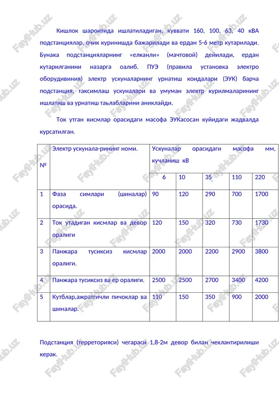 larini uzaro joylashtirishni, bevosita buxoro viloyat elektr tarmoklarining ukitish poligonida urganiladi. laboratoriya ishlar aynan kuchlanishsiz podstantsiyalarda bajariladi. erga ulash tuzilmalari-elektr uskunalari kismlarini ishonchli erga ulash va karshiligi katta emas elektrotexnik buladi: bu ishchi eut, ximoya eut va momakaldirok ximoya ishchi ximoya- me'yoriy xolatda kuchlanish tasirida bulmagan kismlarning xizmatchilarni ximoya kilish maksadida erga ulash. shu turmushda transformatorlarning euy, generatorlarning befark nuktasini erga ulash xam kiradi.bu ishchi ximoya, elektr uskunada, shu jumladan texnologik dastgoxlarning, masalan tokarli stanogi, tikuv yigiruv stanok, xullas barcha elektr uskuna, asbob, apparatlarning korpusi erga ulanishi kerak, kiska tutashuv tokiga karshi. faraz kilamiz 3 fazali asinxron motor, 3 fazali elektr tarmokda ulangan va erga ulagichi yuk.(19-rasm) rasm-19 bu faza motorning korpusi bilan tasodifan kiska tutatilganda, xizmatchining kuli-oyogi orkali tok utadi, bu xolatni almashtirish sxemasi kuyidagicha.(rasm19 «b») odam (xizmatchi) ning oyok-kul kuchlanishi faza kuchlanishiga teng bulib, uning badanidan utadigan tok kt tokiga barovar. bu formulada: i0 – odam badanidan utadigan …