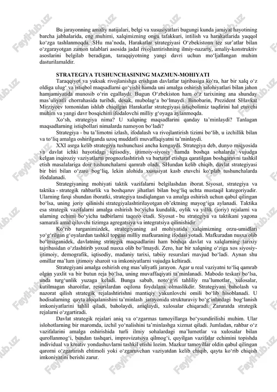 yanada erkinlashtirish va isloh qilish jarayonlari izchil davom ettirildi. qaysi soha yoki tarmoqda bo‘lmasin, dolzarb muammolar aholi bilan ochiq muhokama qilinib, ularning echimini topishga erishildi. barcha qarorlarni xalqning fikr-mulohazalari va murojaatlari asosida qabul qilish esa, islohotlarning tez va samarali amalga oshirilishida muhim ahamiyat kasb etdi. har bir soha faoliyati ulkan ta’sir kuchiga ega bo‘lgan, fuqarolik jamiyatining ajralmas qismi bo‘lgan jamoatchilik nazorati ostida rivojlanishi zarurligini kun tartibiga qo‘ymoqda. bunday muhitda insonning davlat, jamiyat va o‘zi oldida mas’uliyatni to‘la his etib yashashi, so‘zi bilan ishi bir bo‘lishiga rioya etish fazilatlari asosiy mezon sifatida namoyon bo‘ladi. bir so‘z bilan aytganda, o‘zbekiston respublikasi prezidenti tashabbusi bilan davlat va jamiyat hayotining barcha sohalarida amalga oshirilgan tub islohotlar va tadbirlar kishilarda ishchanlik kayfiyatini yanada kuchaytirdi va fuqarolik pozitsiyasini qat’iy mustahkamladi, davlat va jamiyat boshqaruvida har bir kishining ishtirokini kengaytirdi, mansabdor shaxslar tomonidan qabul qilinayotgan qarorlarda odamlarning manfaati yanada kengroq e’tirof etila boshlandi. bu jarayonning amaliy natijalari, …