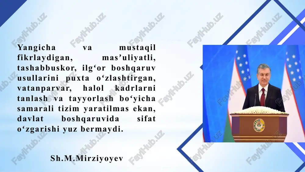 xirgi ishlagan joyidan tavsifnoma olish, yoki ma’lumotlar to‘plashni yo‘lga qo‘yish; xodimlar haqidagi ma’lumotlar, ariza, tajrimai hol, ma’lumot haqidagi hujjatlar, rezyumeni tahlil qilish; salohiyatli deb topilgan nomzod kadrlarni zahira sifatida ro‘yxatga olish, vakant darslarga stajyor o’qituvchi sifatida ishga qabul qilish vazifalarni amalga oshiruvchi mexanizmlar maktabda salohiytli kadrlarni tanlab olish mexanizmini yo’lga qo’yish kadr tanlashda otm va xalqaro hamkorlikni yo’lga qo’yish nomzodning mediasavodxonligi “4+2” loyihasi xorij o’qituvchilarini maktabga jalb etish tanlovda shaffoflikni ta’minlash nepatizmga yo’l qo’ymaslik jamoa shartnomasiga kiritish tanlov komissiysini tuzish tanlov asosida qabul qilish maktab tanlov komissiyasi tuzish maktab direktori direktor o’rinbosarlari faol oqituvchi metodbirlashma psixolog nomzod bilan suhbat kadrlar menedjeri rezyume kasb standarti nomzodni dars berish mahorati test jarayoni vazifalarni amalga oshiruvchi mexanizmlar muammo yuzasidan xorijiy tajribalarni o‘rganilganligi: singapurda o'qituvchilarni yollash strategik ustuvor vazifa hisoblanadi. ta’lim sifati va o‘qituvchilarning kasbiy mahoratiga alohida e’tibor qaratilmoqda. ishga qabul qilish tizimi qat'iy tanlov standartlarini, jumladan, nomzodlarni test qilish va suhbatdan o'tkazishni o'z …