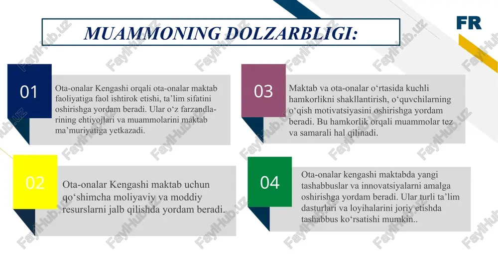vvatlashning samarali usulidir”. xulkar radjabova farmonovna, qarshi davlat universiteti pedagogika instituti o‘zbek tili va adabiyoti magistranti “bola tarbiyasida ota-onaning o‘rni” karamatova dilfuza sadinovna. nizomiy nomidagi toshkent davlat pedagogika unversiteti o‟qituvchisi mavzuning maqsadi maktab boshqaruvida ota-onalar kengashining faol ishtirokini ta’minlash orqali ta’lim sifatini yaxshilash hamda ota-onalarning ma’sulligini oshirish. 3 v a z i f a l a r 1 2 5 ota -onalar bilan hamkorlikda ta’lim-tarbiya jarayonida tadbirlar va loyiha-larni amalga oshirish; ta’lim muassasasida ota-onalar kengashinining samarali faoliyatini tashkil etish; maktab boshqaruvida ota -onalar kengashi orqali moddiy va moliyaviy resurslarni jalb qilish ota-onalar kengashida ta’lim muassasasida samarali faoliyat olib borishi uchun doimiy axborot almashinuvini yo’lga qo’yish. avstraliya p&c associations (parents and citizens associations):-ota-onalar assotsiatsiyalari maktab tadbirlari, sport musobaqalari va madaniy dasturlarni tashkil etishda ishtirok etadi. finlandiya- parents' committees:- bu qo‘mitalar ota-onalar va o‘qituvchilar o‘rtasidagi muloqotni rivojlantirish, maktab muhitini yaxshilash va o‘quvchilarning ta’lim olish sharoitlarini yaxshilash uchun faoliyat yuritadi. buyuk britaniya school …