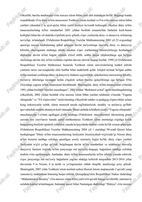 niy marosimlarini emin-erkin bajarish kafolatini ta'minlab berdi. shu bilan birga yoshlarning diniy ta'lim olishlari uchun ham keng imkoniyat va sharoitlar yaratildi. sobiq ittifoq davrida buxoro shahridagi “mir arab” madrasasi va toshkent shahrida toshkent islom instituti faoliyat ko'rsatgan bo'lsa, istiqlolning dastlabki yillaridanoq fuqarolarning diniy ta'lim olishga bo'lgan ishtiyoqi tufayli o'nlab diniy ta'lim muassasalari o'zbekiston musulmonlari idorasi tasarrufida faoliyat ko'rsata boshladi. 1998 yildan diniy ta'lim muassasalari o'zbekiston respublikasi adliya vazirligi tomonidan qayta ro'yxatdan o'tkazilib, barcha madrasalar o'rta maxsus islom bilim yurti deb ataladigan bo'ldi. bugungi kunda respublikada 10 ta diniy ta'lim muassasasi toshkent islom instituti va 9 ta o'rta maxsus islom bilim yurtlari (shundan 2 ta ayol-qizlar bilim yurti) faoliyat ko'rsatib kelmoqda. mazkur diniy ta'lim muassasalarining ta'lim standartlari 2001 yildan boshlab umumta'lim fanlarini kasb-hunar kollejlari bilan bir xil shaklda o'qitilishi joriy qilinib, o'quv yurtlarida diniy va dunyoviy ta'limning uzviyligi ta'minlandi. o'zbekiston respublikasi vazirlar mahkamasining 2003 yil 22 avgustdagi qaroriga asosan talabalarning qabul …