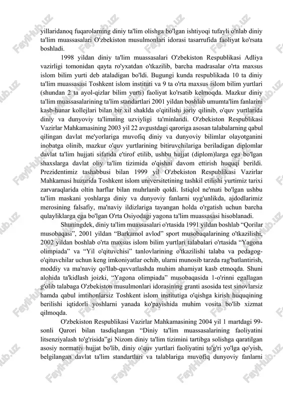 b 2238 ta diniy tashkilot, 130 dan ortiq millat vakillarini o‘zida jamlagan 140 ga yaqin milliy-madaniy markaz, imom buxoriy nomidagi toshkent islom instituti, 9 ta o‘rta maxsus islom bilim yurti, pravoslav va protestant seminariyalari faoliyat olib bormoqda. ularda talabalar diniy ilmlar bilan bir qatorda dunyoviy ilmlarni olish imkoniyatiga ham ega. sobiq ittifoq davrida buxoro shahridagi “mir arab” madrasasi va toshkent shahrida toshkent islom instituti faoliyat ko'rsatgan bo'lsa, istiqlolning dastlabki yillaridanoq fuqarolarning diniy ta'lim olishga bo'lgan ishtiyoqi tufayli o'nlab diniy ta'lim muassasalari o'zbekiston musulmonlari idorasi tasarrufida faoliyat ko'rsata boshladi. 1998 yildan diniy ta'lim muassasalari o'zbekiston respublikasi adliya vazirligi tomonidan qayta ro'yxatdan o'tkazilib, barcha madrasalar o'rta maxsus islom bilim yurti deb ataladigan bo'ldi. bugungi kunda respublikada 10 ta diniy ta'lim muassasasi toshkent islom instituti va 9 ta o'rta maxsus islom bilim yurtlari (shundan 2 ta ayol-qizlar bilim yurti) faoliyat ko'rsatib kelmoqda. mazkur diniy ta'lim muassasalarining ta'lim standartlari 2001 yildan boshlab umumta'lim fanlarini …
