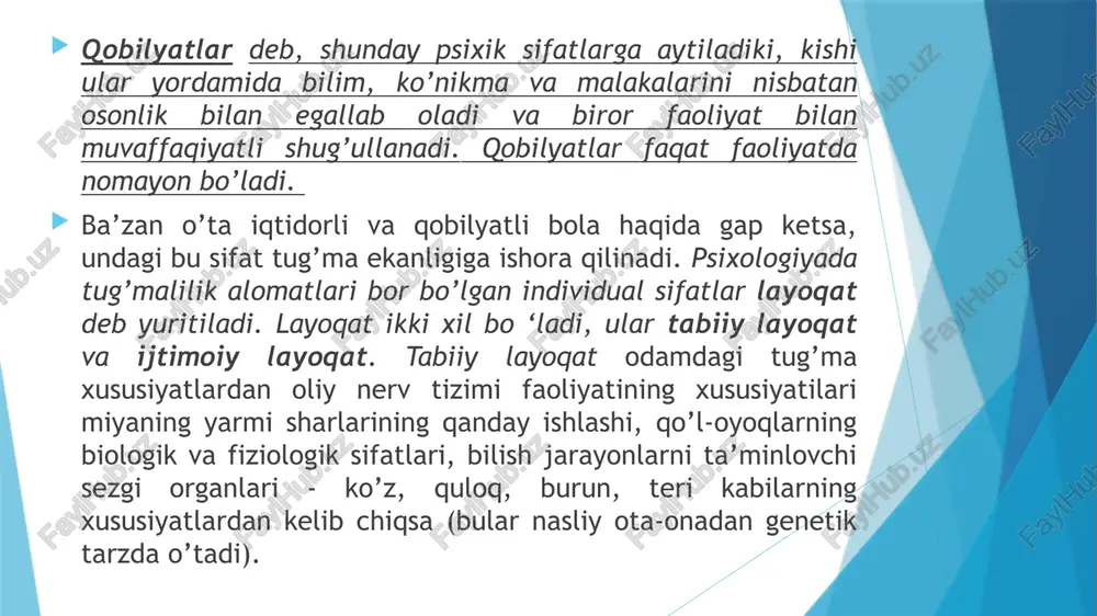 n ruhiyatining xususiyati bo`lib, u barcha psixik jarayonlar va holatlarning yig`indisi sifatida tushuniladi”. ushbu tushunchaning kamchiliklari nimadan iborat? bu tushuncha asoschisi xristian volf (1679-1754) hisoblanib, uning nazariyasiga ko`ra barcha psixik xodisalar qobiliyatlar kategoriyasiga kiritilgan. bunday yondashuvda muayyan qobiliyatlar tizimini aniqlash mumkin emas edi. qobiliyatlarni inson hayotidagi ahamiyati ham aniqlanmagandi. shuning uchun bu tushuncha psixologiyada keng tarqalmadi. xviii-xix asrlarda “qobiliyat bu umumiy va maxsus bilim, malaka va ko`nikmalar yig`indisi bo`lib, u turli faoliyat muvaffaqiyatini ta`minlaydi. yangi qarashlar yuzaga keladi”. amaliyotda biz ma`lum qobiliyatga ega bo`lgan, lekin yetarli bilimga ega bo`lmaganligi tufayli o`zini namoyon qila olmagan kishilarni bilamiz. yuqorida aytilgan fikrlarimizning dalili sifatida yosh v.surikovni (rus rassomi) sank peterburg rassomchilik akademiyastga o`qishga qabul qilinmaganida, u bir yilikona chizish ustaxonasida rassomchilik ko`nikmalarini egallaydi va kelasi yilgi xuddi o`sha imtihondan yiqitgan domlalar uni akademiyaga o`qishga qabul qiladilar. albert enshteyn o`rta maktabda o`qib yurganida o`rtacha o`quvchilardan bo`lib, uning genialligini namoyon qiluvchi hech narsa bo`lmagan. qobiliyatlar …