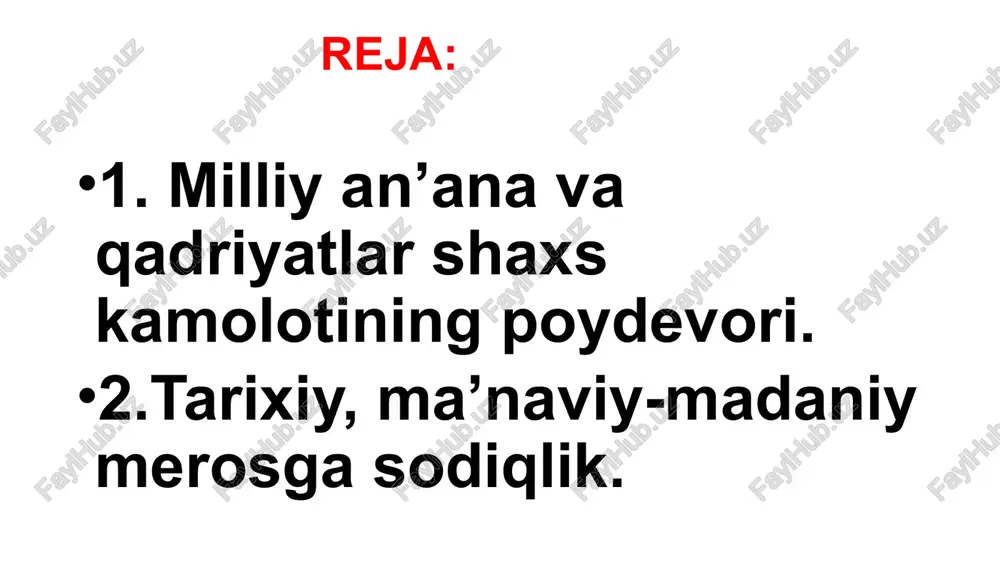 iy ne’matlar). ma’naviy qadriyatlar - siyosiy, huquqiy, badiiy, diniy musiqiy, ilmiy, estetik, falsafiy, axloqiy va boshqa shu kabi qadriyatlardan iboratdir. qadriyatlar amal qilish doirasiga ko’ra milliy mintaqaviy umuminsoniy mintaqaviy qadriyatlar markaziy osiyo xalqlari turmush sharoitlari, tili, madaniyati, dini, urf-odatlari bir-biriga yaqin bo’lishi ko’plab umummintaqaviy qadriyatlar shakllanishiga olib kelgan. mehmondo’stlik, bolajonlik, yaqin qo’ni-qo’shnichilik, kattalarni hurmat qilish, kichiklarni izzat qilish, qarindosh-urug’lar, dostlar bilan yaqin aloqada bo’lish, saxiylik, halol bilan haromni farqlash umuminsoniy qadriyatlar umuminsoniy qadriyatlar deb barcha insonlarning tarixi, merosi, istiqloli, istiqboli va manfaatlarida mavjud bo’lgan tutash, umumiy bo’lgan zaminlar va manfaatlar asosida tashkil topgan, taraqqiyotning yangi bosqichida ham barchaning manfaatiga mos keladigan ijtimoiy, siyosiy va ma’naviy hodisalar va boyliklarga aytiladi. umuminsoniy qadriyat insonparvarlik g’oyalariga sadoqat, demokratiya, ijtimoiy adolat, inson huquqlari ustunligi, xalqlarning milliy mustaqillik uchun bo’lgan kurashlarini himoya qilish, kishilarni do’stlik, hamkorlik va hamdardlikka chorlash, tinchlik, osoyishtalikni ta’minlash, tabiatni asrash va boshqalar umuminsoniy qadriyatlarning hozirgi kunda katta ahamiyat kasb etayotgan jihatlaridir. …