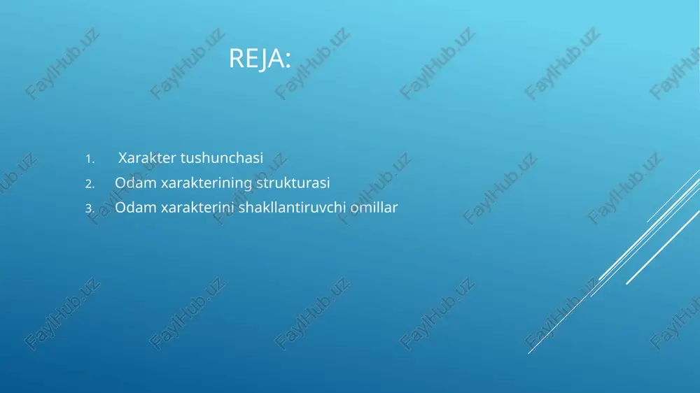 rukturasini, xarakter shakllanishiga ta’sir etuvchi omillarni, o’quvchilarda xarakterni tarbiyalash yo’llarini yaxshi bilishi lozim. 6 odam xarakterning strukturasi turli xususiyatlar va psixik protseslarning sintezidan iborat. bular: ishonch. ehtiyoj va qiziqishlar intellekt tushunish, tushuncha, mulohaza. iroda hissiyot temperament 7 xarkter strukturasida shaxsning individual – psixologik xususiyatlarning hamda psixik protsesslarning namoyon bo’lish aktivligiga qarab quyidagi ijobiy xarakter xususiyatlarini ko’rsatish mumkin. xarakterning ma’naviy tarbiyalanganligi. xarakterning muvozanatlashganligi xarakterning aniqligi xarakterning ko’chi xarakterning qa’tiyligi xarakterning yaxlitligi 8 odam xarakteri bir qator omillar ta’sirida shakllanadi. bular quyidagilardir: ijtimoiy muhit tarbiya oila o’z - o’zini tarbiyalash maktab jamoasi. xarakterning aniqligi shaxsning xulq - atvorini uning ishonchiga, ma’naviy – siyosiy tasavvuriga, yo’nalishiga mos tushishda ifodalanadi. xarakterning qat’iyligi shaxs xatti harakatlarning o’ylanganligi, o’z qarashlarining va qabul qilgan qaroriga amal qilishda ifodalanadi. xarakterning yaxlitligi so’z va ish birligida ifodalanadi. xarakterning shakllanishi. 9 shaxsning xarakteri bir qancha sharoitlarda namoyon bo’ladi, bular quyidagilardir: xarakterning faoliyatida namoyon bo’lishi. xarakterning nutqda namoyon bo’lishi xarakterning odamning …