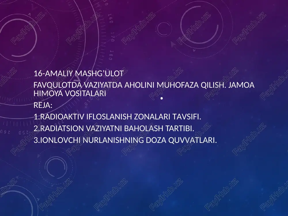 alik obyektlarining ishiga, hamda sog’liqni saqlash obyektlari ishiga va aholi hayoti faoliyatiga ta’sir qiluvchi radioaktiv zararlanish miqyosi va darajasi tushuniladi. ionlovchi nurlanishning doza quvvatlari. ionlovchi nurlanishning doza quvvatlari dozimetrik priborlar bilan o’lchanadi. obyektda nurlanish doza quvvatlarini o’lchash bir vaqtda o’tkazilmaganligi sababli, radiatsion vaziyatni baholashda ularning o’lchamini yadro portlashidan bir soat keyin hisoblash maqsadga muvofiqdir e'tiboringiz uchun raxmat image2.png image4.png image5.jpeg image6.jpeg image7.jpeg image8.jpeg image9.jpeg image3.png