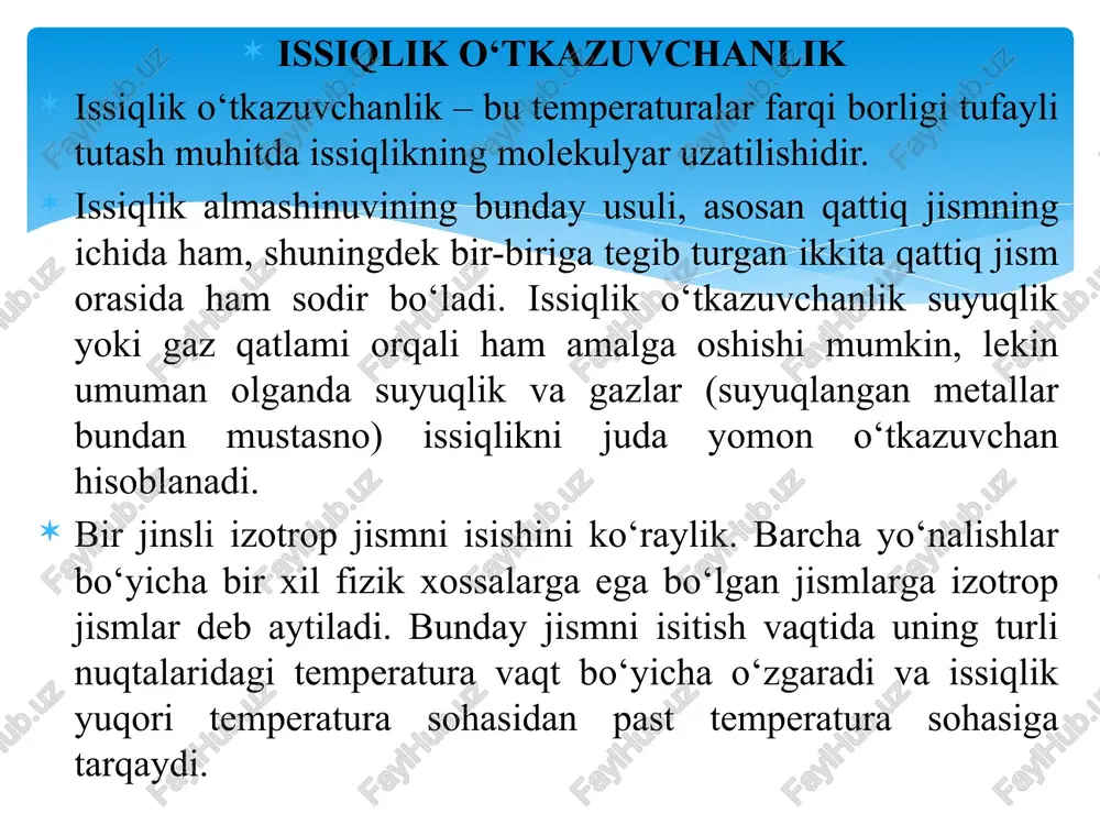 t ning izotermadagi normal bo‘yicha masofa n ga nisbati temperatura gradienti deyiladi: temperatura gradienti – izotermik sirtga tushirilgan normal bo‘yicha yo‘nalgan vektordir. uning temperaturaning ortishi tomoniga yo‘nalishi musbat yo‘nalish hisoblanadi. issiqlik almashinuvining boshqa turlari kabi, issiqlik o‘tkazuvchanlik jarayoni ham jismning turli nuqtalarida temperatura bir xil bo‘lmagandagina amalga oshadi, ya’ni grad t0. ixtiyoriy sirtdan vaqt birligi ichida o‘tadigan issiqlik miqdori q issiqlik oqimi deyiladi. issiqlik oqimining vektori doimo temperaturaning pasayish tomoniga yo‘nalgan bo‘ladi. frantsuz olimi fure qattiq jismlardagi issiqlik o‘tkazuvchanlik jarayonlarini o‘rganib, yuza birligi df dan vaqt birligi d ichida o‘tayotgan dq issiqlik miqdori va temperatura gradienti o‘rtasidagi bog‘lanishni aniqladi. dq= -df grad t d= -df d(t/n) (16.2) (16.2) tenglama issiqlik o‘tkazuvchanlikning asosiy qonunini ifodalaydi va fure qonuni deyiladi. shu tenglamadagi minus ishora issiqlik oqimi bilan temperatura gradientining vektorlari qarama-qarshi tomonga yo‘nalganligini bildiradi. (16.2) ifodadagi proportsionallik koeffitsienti  issiqlik o‘tkazuvchanlik koeffitsenti deyiladi. izotermik sirt birligidan vaqt birligi ichida o‘tadigan issiqlik miqdori …