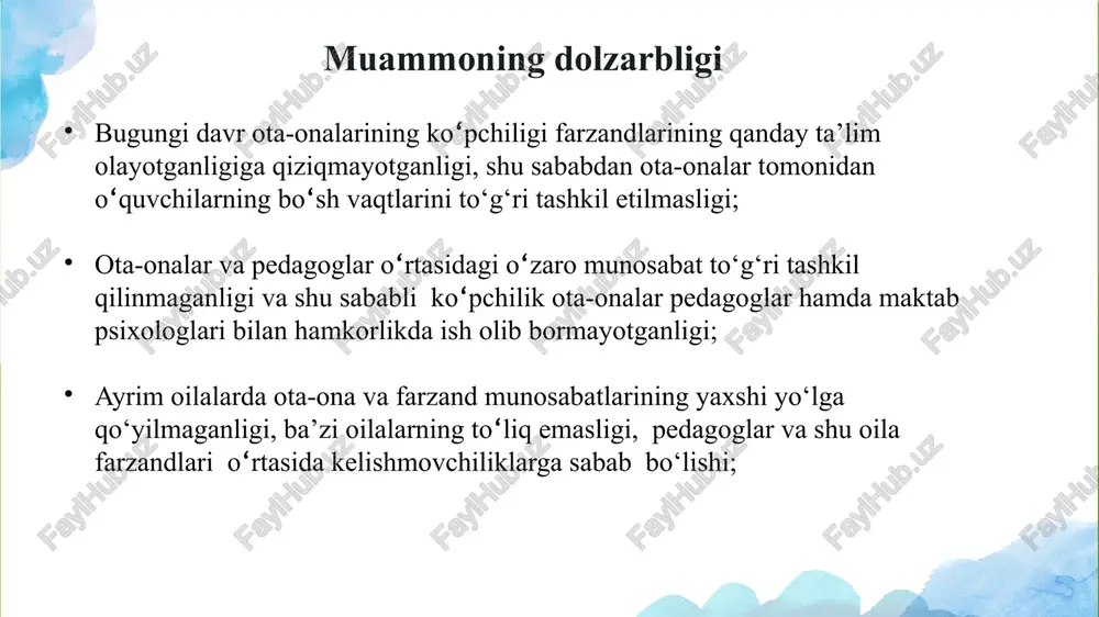 dirlar. ota-ona o‘z bolasiga go‘zal odobdan afzal narsa bera olmaydi. farzandlar olloxning rayhonlaridur. hadisdan. “o‘z farzanding sening haqingda qanday bo‘lishini tilasang, sen ham ota-onang haqida shunday bo‘lgil, nedinkim, sen ota-onang haqida ne ish qilsang, farzanding ham sening haqingda shundoq ish qilur, chunki farzand mevaga, ota-ona mevali daraxtga o‘xshaydir» ota-onalar va pedagoglar o‘rtasidagi hamkorlik hamkorlik bu birgalikda harakat qilish, resurslarni birlashtirish va umumiy maqsadlar sari yo'naltirilgan sa'y-harakatlardir. ota-onalar va pedagoglar o‘rtasidagi hamkorlik, bolalarning ta'lim va tarbiyasida muhim rol o‘ynaydi. turli davlatlar bunda qanday texnologiyalardan foydalanishadi? nemis pedagoglari isteʼdodsiz o‘quvchining o‘zi yo‘q, deb hisoblashadi. shunga ko‘ra ular o‘quvchining ochilmagan qirralarini kashf etish, ularni yangilik va ixtirolar ruhida tarbiyalashga intiladi. "fikrlayapmanmi, demak, yashayapman!" deydi mashhur faylasuf rene dekart. olmon maktablarida ana shu naql oltin qoida sifatida qabul qilingan. pedagoglar birinchi navbatda o‘quvchining, hatto xato bo‘lsa-da, mustaqil fikri bo‘lishiga erishishni maqsad qiladi. taʼlim jarayoni esa ota-ona va o‘qituvchi o‘rtasidagi uzviy hamkorlikka tayanadi. “bilimga kiritgan …