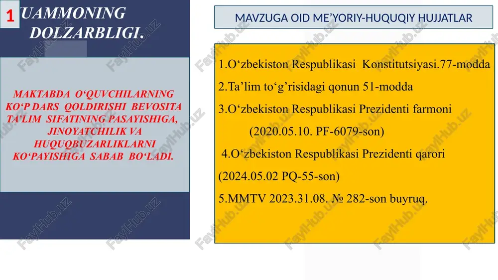 ablar) ota-onalar bu haqida maktab ma’muriyatiga yozma tarzda xabar berishi lozimligi belgilangan. 5. xorijiy tajriba 5 amaldagi holat (o‘zbekistonda ) amaldagi holat (xorijda ) taklif 1 mmtv va milliy gvardiyasining 2024-yil 26-fevraldagi 4k/k-5k/k-son, 04-27-110-son qarori hamkorlik konsepsiyasi (ogohlantirish,mjk ning 47-moddasi) fransiyada o‘quvchilar darslarga sababsiz qatnashmasa jiddiy choralar ko’rilgan jumladan ota onalariga sud hukmi bilan jazo hattoki qamoq jazosi ham berilgan o‘quvchilarni maktabga jalb qilish uchun ijobiy muhit va shart-sharoyit yaratish,maktabda uning o‘z o‘rni bor ekanligini tushuntirish 2 ayrim ota onalar uchun farzandining ta’lim olishini keyingi o‘rinlarga qo‘yilishi, farzandini arzimagan sabablar bilan darsdan olib qolishi ispaniyada olib borilgan tadqiqotlarga ko‘ra bolalar bir oyda ikki kun maktabga bormasalar , hattoki sababli bo‘lsa ham bu ularga salbiy ta’sir ko‘rsatishi aytilgan o‘qituvchi-sinf rahbar-ota-ona o‘rtasida uzviy aloqa o‘rnatish, vazifalar belgilash va hamma o‘z vazifasini to‘g’ri bajarishini rahbar tomonidan doimiy nazorat qilinishi qiyosiy tahlil. 6 7 xxulosa. 77 o‘quvchiga doimiy darsga qatnashish ya’ni davomat talabini qo‘yib, …