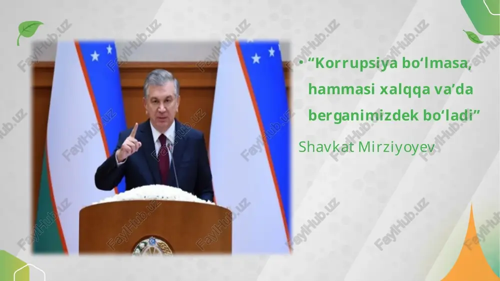 qattiq tashvishga solganligi bizgacha saqlanib qolgan manbalardan malum. chunki bu holat davlatning obro‘siga juda qattiq putur yetkazardi. dunyoning yetakchi dinlarida ham birinchi navbatda huquqni muhofaza qiluvchi organlarning poraxo‘rligi qattiq qoralanadi. jumladan, injilba “sovg‘alarni qabul qilma, chunki sovg‘a ko‘rni ko‘radigan qiladi va haqiqatni o‘zgartiradi” quroni karimda “boshqalarning mulkini noxaq yo‘l bilan olmangiz va boshqalarga tegishli bo’lgan narsalarni olish uchun o’z mulkingizdan hokimlaringizga pora qilib uzatmangizlar” deyilgan. korrupsiya taraqqiyot kushandasi biz korrupsiyaga qarshimiz!!! o‘zbekiston respublikasi prezidentining 2021-yil 6-iyuldagi "korrupsiyaga qarshi kurashish faoliyatini samarali tashkil etishga doir qo‘shimcha chora-tadbirlar to‘g‘risida"gi pq-5177-son qarori o‘zbekiston respublikasi maktabgacha va maktab ta’limi vazirining “korrupsiyaga qarshi kurashishga oid ichki idoraviy hujjatlarni yangi tahrirda tasdiqlash haqida” 2023-yil 27-iyundagi 196-son buyrug‘i “normativ-huquqiy hujjatlarning va ular loyihalarining korrupsiyaga qarshi ekspertizasi to'g'risida”gi qonun (o‘rq–860-son, 08.08.2023-y.) prezident tomonidan imzolandi. o’zbekiston respublikasi 2019 yil 27 maydagi “o‘zbekiston respublikasida korrupsiyaga qarshi kurashish tizimini yanada takomillashtirish chora-tadbirlari to‘g‘risida”gi pf-5729-sonli farmoni o‘zbekiston respublikasi prezidentining 2020- yil 29- …