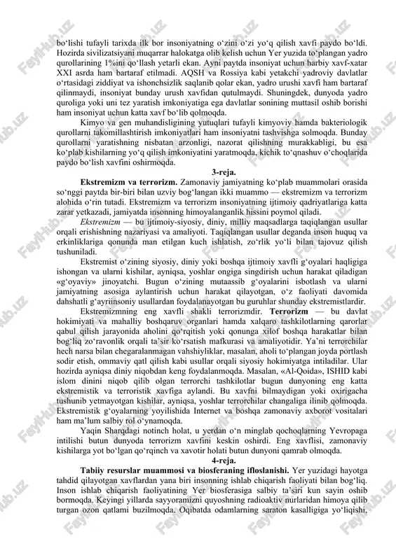 ’yorlarni so‘zsiz va to‘liq qabul qilishning yaqin asrlar ichida iloji yo‘qdek tuyuladi. aksincha, xitoy va hindiston singari mamlakatlarning jahon iqtisodiyoti, siyosatidagi rolining ortib borishi bu jamiyatlar ma’naviy-axloqiy qadriyatlarining ham jahon maydoniga chiqishiga olib kelishi, bu esa g‘arb jamiyatida tobora chuqurlashib borayotgan ma’naviy inqiroz holatidan chiqib olish imkonini berishi mumkin. 2-reja. harbiy xavf-xatarlar. xx asrning 50-yillarida dunyoning bir guruh mashhur olimlari yadro qurolini ommaviy qo‘llash sivilizatsiyaning to‘liq yo‘q qilinishiga olib keladi, degan ogohlantirishlari bilan chiqdilar. haqiqatan, yadro quroli barcha tabiiy ofatlarga qaraganda ham ko‘proq vayron qilish qudratiga ega. bu qurolning paydo bo‘lishi tufayli tarixda ilk bor insoniyatning o‘zini o‘zi yo‘q qilish xavfi paydo bo‘ldi. hozirda sivilizatsiyani muqarrar halokatga olib kelish uchun yer yuzida to‘plangan yadro qurollarining 1%ini qo‘llash yetarli ekan. ayni paytda insoniyat uchun harbiy xavf-xatar xxi asrda ham bartaraf etilmadi. aqsh va rossiya kabi yetakchi yadroviy davlatlar o‘rtasidagi ziddiyat va ishonchsizlik saqlanib qolar ekan, yadro urushi xavfi ham bartaraf qilinmaydi, …