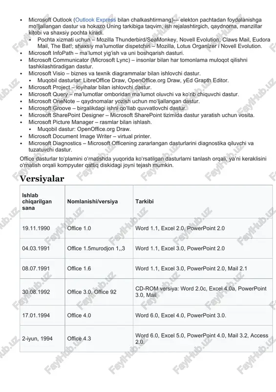 plamini shaxsiy kompyuterga oʻrnatish uchun kompyuterda windows operatsion tizimi oʻrnatilgan boʻlishi, soʻng kompyuter operativ xotirasi kamida 8-16 mb boʻlishi va qattiq diskda kamida 250 mbdan 700 mbgacha (officedan foydalanish imkoniyatiga qarab) boʻsh joy boʻlishi lozim. office tarkibi microsoft office bir nechta xilda sotuvga chiqariladi. ularning farqi toʻplam tarkibi va narxida. office dasturlar toʻplamining nisbatan toʻliqroq variantiga quyidagi dasturlar kiradi: · microsoft word – har xil koʻrinishdagi oddiy va murakkab matnlarni taxrirlashga moʻljallangan matn muharriri. · muqobil dasturlar: openoffice.org writer, libreoffice writer, staroffice writer, kword, neooffice writer, corel wordperfect, apple pages (bu faqat mac os tizimida) va abiword. · microsoft excel – har koʻrinishdagi hisob—kitobli maʼlumotlar bilan ishlashga moʻljallangan elektron jadvalli dastur. · muqobil dasturlar: openoffice.org calc, libreoffice calc, kspread, staroffice, gnumeric, corel quattro pro va apple numbers (bu faqat mac os tizimida). · microsoft powerpoint – maʼlumotlarni taqdimot, reklama qilishga moʻljallangan taqdimot dasturi. · muqobil dasturlar: openoffice.org impress, libreoffice impress, …