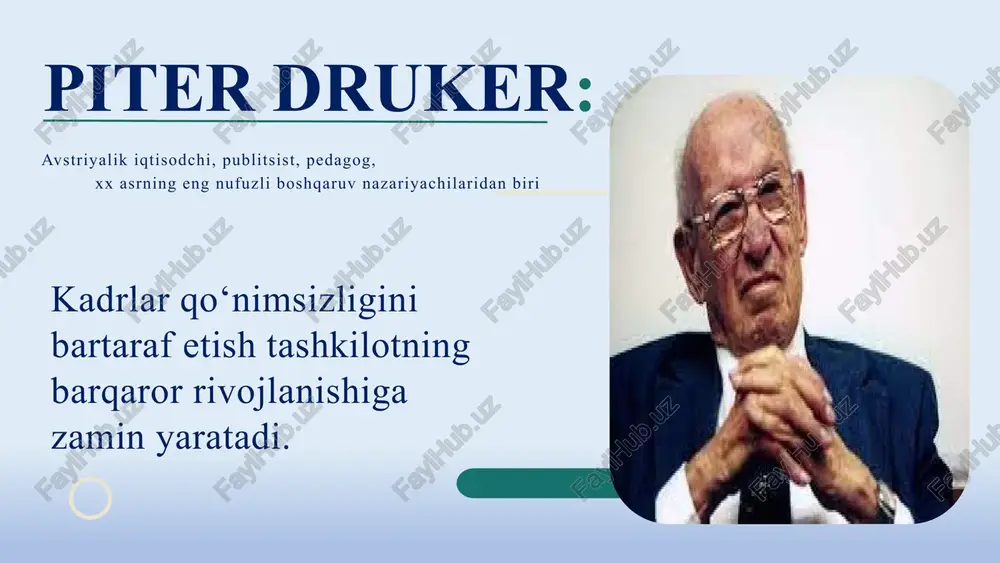 rlarni qiynayotgan muommolar va uni bartaraf qilish bo ‘yicha takliflar berilgan. ict.xabar.uz muallif: anvar bo‘ronov bu kitobda o‘zbekiston ta’lim tizimining kadrlar tarkibi va tasniflari haqida ma’lumot keltirilgan . 28-45 bet n.t. toshpo‘latova, m.b. ataniyozova toshkent –2016. inson resurslarini boshqarish. xodimlarni rag‘batlantirish va motivatsiyalash usullari, ish joyida xodimlarni kasbiy moslashtirishning shakllanish tizimlari yoritilgan . a.b.xayitov. toshkent – 2019. 58-60 b “kadrlar menejmenti” kadrlar qo‘nimsizligi va mehnat intizomini boshqarish (1-ma’ruza) kadrlar qo‘nimsizligini tashqi va ichki omillari haqida misollar keltirilgan. muallif:dotsent xalmirzayeva.a toshkent-2020 tometi uoker – finlandiya ta’lim mo‘jizasi muallif o‘z asarida fin ta’lim tizimi qanday tashkil etilgani, o‘zbek maktablarida qo‘llash mumkin bo‘lgan strategiyalar haqida aytib o‘tadi. "teacher turnover: why it matters and what we can do about it" (barnes, crowe, schaefer) "o‘qituvchilar almashinuvi: nima uchun bu muhim biz bu borada nima qila olamiz" (barnes, crowe, schaefer 34-45 bet) - ushbu kitobda kadrlar qo‘nimsizligi sabablari keng tahlil qilingan. qo‘llaniladigan strategiyalar orasida o‘qituvchilarni qo‘llab-quvvatlash …