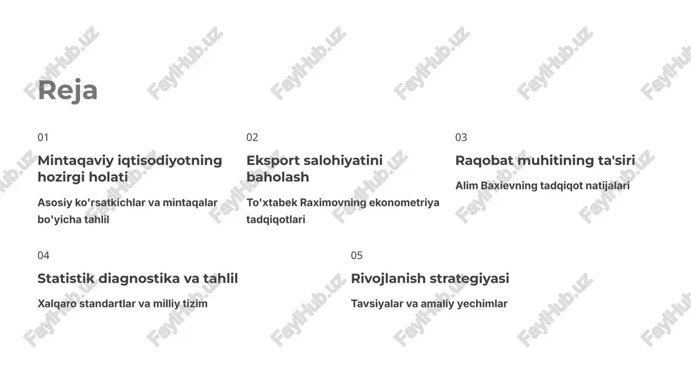 aydi iqtisodiy o'sish eksport salohiyatining kuchayishi mintaqaviy iqtisodiy o'sishga sezilarli va uzoq muddatli ijobiy ta'sir ko'rsatadi eksport salohiyatini oshirishga ta'sir qiluvchi asosiy omillar infratuzilma transport va logistika tizimlarini modernizatsiya qilish, yangi yo'llar va omborxonalar qurish eksport jarayonlarini osonlashtiradi. innovatsiyalar zamonaviy texnologiyalarni joriy etish va ishlab chiqarish jarayonlarini raqamlashtirish mahsulot sifatini oshiradi. investitsiyalar chet el investitsiyalarini jalb qilish uchun qulay soliq tizimi va huquqiy muhitni yaratish muhim omil hisoblanadi. eksport dinamikasi va investitsiyalar o'sishi eksport hajmi to'g'ridan-to'g'ri investit... grafik eksport hajmi va to'g'ridan-to'g'ri investitsiyalarning so'nggi besh yil davomida barqaror o'sish tendentsiyasini ko'rsatmoqda. bu ko'rsatkichlar mintaqaviy iqtisodiyotning salohiyatini tasdiqlaydi. 3-bob raqobat muhitining iqtisodiy rivojlanishga ta'siri sog'lom raqobat muhiti mintaqaviy iqtisodiyotning innovatsion rivojlanishi va xalqaro bozorlarga integratsiyalashuvi uchun muhim zamin yaratadi alim baxievning tadqiqotidan asosiy xulosalar samaradorlik o'sishi raqobat ishlab chiqarish samaradorligini 15% ga oshiradi va resurslardan optimal foydalanishni ta'minlaydi innovatsiyalar narx-sifat raqobati va yangi texnologiyalarni joriy etish mintaqaviy iqtisodiyotni jonlantiradi global integratsiya …