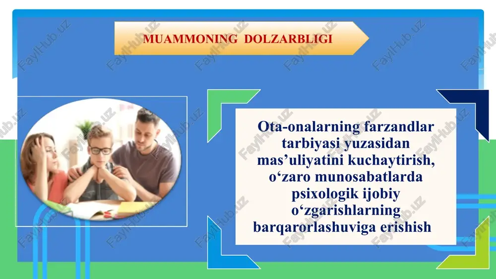 rlarining individual ishlarini kengaytirish: o‘quvchining kichik-kichik yutuqlari, undagi ijobiy o‘zgarishlarni oshkor etish orqali e’tiborsiz ota-onalarga ta’sir etish, ularni rag‘batlantirish maktabda e’tiborsiz ota-onalar munosabatidagi muammolari yechimida mahalla faollarining maslahatlariga amal qilish maktab psixologlari tomonidan befarq ota-onalarga psixologik so‘rovnomalar asosida treninglar o‘tkazish orqali e’tiborsizlik va uning salbiy oqibatlarining oldini olish bolalarning qobiliyatlari va ularning xatti-harakatlariga ota-onalarni beparvolik yoki past baho berish kabi yondashuvlardan xalos etishga erishish maktabning ta’lim sifati, erishayotgan yutuqlari, uning nufuzi, farzandining salohiyatli ustozlar qo‘lida ekanligi ota-onalarning mas’uliyatini oshiradi bolalarning atigi 2% ota-onalari haqida ota-onalalik talablarini bajarishda yaxshi emasligini aytadilar. o‘smirlarning (14-17 yosh) aksariyati ota-onalari buni juda yaxshi bajarmoqda deb o‘ylashadi, faqat 6 %lari yaxshi muloqot qila olmasligini his qilishar ekan. oilada bola yaxshi bilim olishi uchun barcha shart-sharoitlar yaratib beriladi. ular bolalari o‘qishida yordam berish uchun juda ko‘p o‘qiydilar, maktab o‘quv dasturini mukammal o‘rganib oladilar. bolalar tarbiyasida onalarning roli va mas’uliyati ayniqsa kattadir. onalar farzandlarini to‘g‘ri tarbiyalash uchun maxsus …