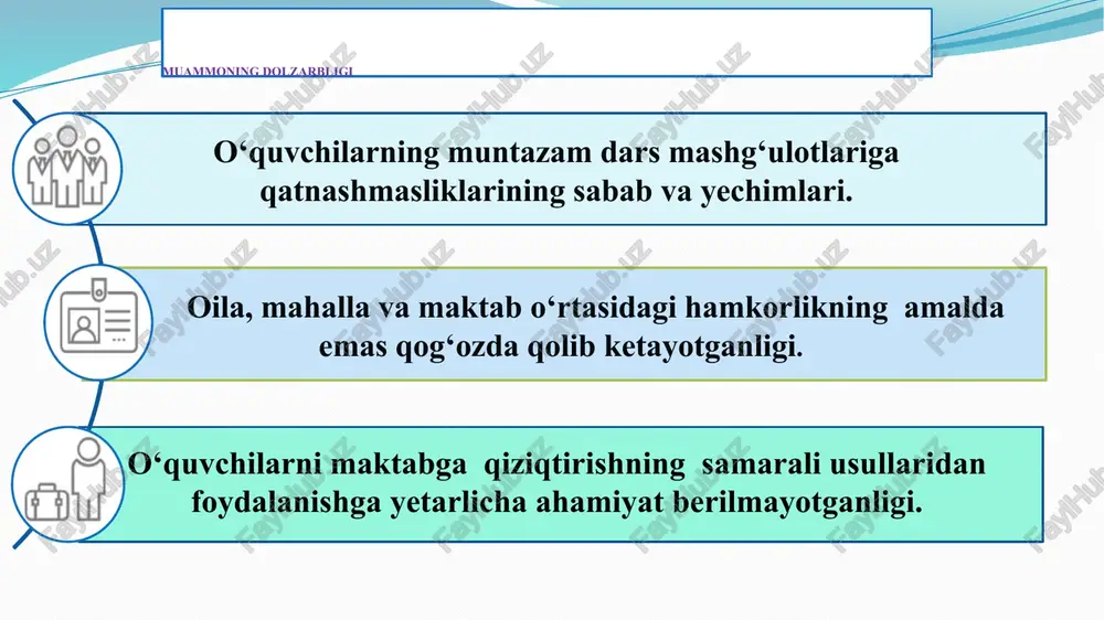 munosabatlarni rivojlantirish. o‘qituvchi shaxsan na’muna ko‘rsatib, o‘quvchilarni o‘ziga ergashtiruvchanligini oshirish. ta’lim sifatini oshirishni ko‘zlab har bir o‘quvchini liderlikka olib chiqish va uni doimiy rag‘batlantirib borishni tashkil qilish. ta’limning mazmunini shakllantirishda sifatning natijadorligini oshirish zamonaviy pedagogning kasbiy portreti. 2. o‘quvchilarning bilim sifatini oshirishda ularni ta’limga qiziqishlarini orttirish. v a z i f a 4.“rahbar va xodimlar shunday yo‘l topaylikki –o‘quvchi maktabga intilsin.” . oav bilan ishlash samaradorligi 1. “oila -mahalla -maktab” hamkorligi . “maktab hayotiga ota-onalarni jalb qilish” samaradorligini oshirish. 3. o‘qituvchining sinf o‘quvchilari bilan individual ishlashini va uning jozibadorligini oshirishi. 7 xorijiy tajribalar 7 germaniya ta’limi germaniyada farzandlari maktablarga kelmaganliklari uchun ota-onalar ogohlantiriladi. agar yana ushbu holat davom etsa ularga nisbatan jarima jazosi (1250 yevrogacha) qo‘llaniladi. bundan tashqari ota-ona farzandini maktabga yuborishdan bosh tortsa, yoki bolasini nazorat qila olmasa, mahalliy bolalar xizmatlari yoki ijtimoiy xizmat xodimlari politsiyadan ularni maktabga kuzatib borishlarini talab qilishi yoki og‘ir oqibatlarda ota-onani ota-onalik huquqidan mahrum …