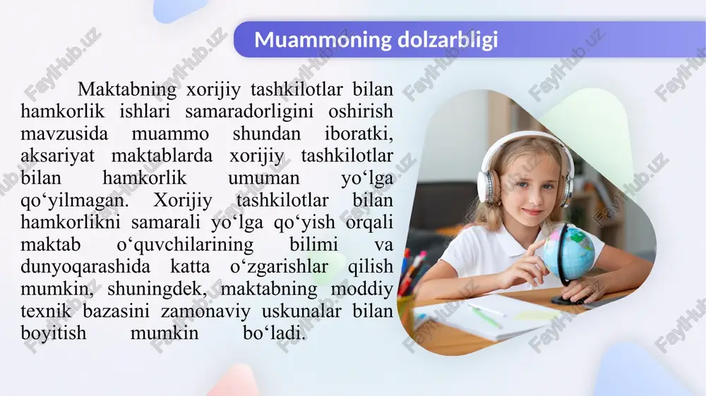 larni o‘rganib chiqish. o‘rganishlar asosida xorijiy davlatlar bilan hamkorlik rejasini ishlab chiqish. ta’lim sohasi uchun mos bo‘lgan xorijiy tashkilotlarni izlab topish va ular bilan aloqa o‘rnatish. xorijiy tashkilotlarni maktabga taklif qilish yoki tashkilot joylashgan davlatga tashrif buyurib kelishuvlarga erishish. qiyosiy tahlil etilganligi t/r amaldagi holat (o‘zbekistonda) amaldagi holat (xorijda) taklif 1 maktablarning aksariyatida xorijiy tashkilotlar bilan hamkorlik umuman yo‘lga qo‘yilmagan. yaponiya maktablarida xorijiy tashkilotlar bilan hamkorlik ishlariga jiddiy e’tibor qaratishadi. yaponiya maktablari offical development assistance (oda) tashkiloti orqali chet ellardagi xorijiy tashkilotlar bilan hamkorlik aloqalarini olib borishadi. har bir maktab xorijiy tashkilotlar bilan hamkorlikni yo‘lga qo‘yish uchun tizimli ishlarni olib borish va grantlar yutib olishni yo‘lga qo‘yish 2 2023-2024 o‘qish yilida davlatimizga 500 ta xorijiy til o‘qituvchilari olib kelingan. yangi o‘quv yilida yana 1,5 mingta xorijiy tili o‘qituvchilari olib kelish rejalashtirilgan. ceaie project trust tomonidan tanlangan ko‘ngilli o‘qituvchilarni xitoyning shinjon, gansu, szyansi va boshqa kam rivojlangan hududlaridagi davlat maktablariga bir …