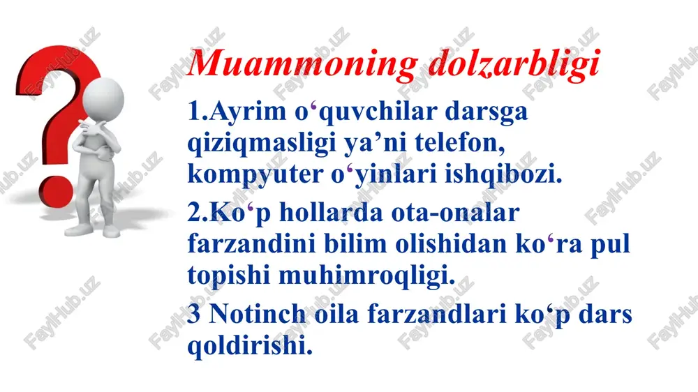 ta-onalarga nisbatan jarima jazosi mavjud. xususan, jazo tariqasida ota-onalar majburiy tarbiyalash kurslari va oilaviy maslahat kurslariga jalb qilinishlari mumkin. ta’lim tizimi bilan dunyoga o‘rnak bo‘layotgan singapur davlatida esa ota-onalar o‘z farzandlarining maktabga borishiga e’tiborsizlik qiladigan bo‘lsa, ular farzandlari bilan birgalikda majburiy ta’lim kengashiga chaqirtiriladi. bundan keyin ham salbiy holat davom etsa, ularga nisbatan qonuniy tartibda jarima jazosi qo‘llaniladi. qo‘shni qozog‘istonda farzandlari maktabga bormaganligi uchun aybdor bo‘lgan ota-onalarga nisbatan ma’muriy huquqbuzarliklar to‘g‘risidagi kodeksning 127-moddasi (voyaga yetmagan shaxsni tarbiyalash va (yoki) o‘qitish, huquq va manfaatlarini himoya qilish bo‘yicha majburiyatlarni bajarmaslik)ga binoan hamda 409-moddasi (qozog‘iston respublikasining ta’lim, jismoniy tarbiya va sport sohasidagi qonunchiligini buzish)ga asosan jarima yoki ma’muriy qamoq (10 sutkagacha) jazosi qo‘llaniladi. qiyosiy tahlil t/r amaldagi holat (o‘zbekistonda) amaldagi holat (xorijiy davlatlarda ) takliflar 1 bizni maktablarda maktabga bormaydigan o‘quvchilarni ota-onalariga ogohlantirish og‘zaki beriladi,lekin jazo qo‘llanilmaydi. farzandlari maktabga bormaydigan bo‘lsa, ota-onalarga avvalo ogohlantirish yuboriladi. agar ota-onalar ogohlantirishga rioya qilmasa, ularga nisbatan jazo …