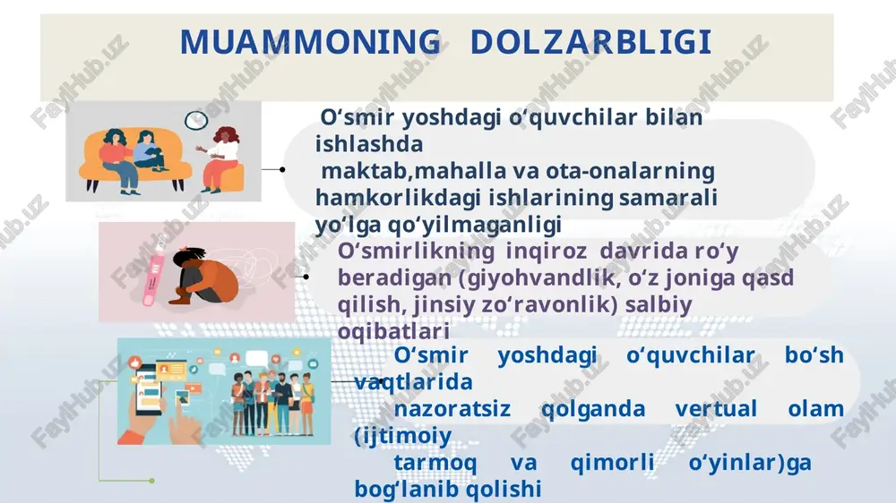 avvali. 7 – bosqich (umuminsoniylik va o‘ziga berilish) yetuklik davri. 8 – bosqich (yaxlitlik va ishonchsizlik) - keksalik. erikson klassifikatsiyasining o‘ziga xos qimmati shundaki, unda shaxsning o‘zi to‘g‘risidagi tasavvurlarining jamiyat ta‘sirida o‘zgarishi nazarda tutiladi. 1.chaqaloqlik va go‘daklik davri–tug‘ilgandan 1 yoshgacha. 2.ilk bolalik davri – 1-3 yoshgacha. 3.maktabgacha yosh davri – 3-6 yoshgacha. 4.kichik maktab yosh davri–6-10 yoshgacha. 5.o‘smirlik davri–10-11 yoshdan 14-15 yoshgacha. 6.ilk o‘spirinlik davri–15-18 yoshgacha. 7.o‘spirinlik davri–18-22 yoshgacha (talabalik). 8.yoshlik davri – 23-28 yoshgacha. 9.yetuklik davri 1-bosqichi – 28-35 yoshgacha. 10.yetuklik davri 2-bosqichi – 36-55 (60) yoshgacha. 11.keksayish davri – 61 (56)- 74 yoshgacha. 12.keksalik davri– 75-90 yoshgacha. 13.uzoq umr ko‘ruvchilar–90 dan yuqori. jahon va mahalliy adabiyotlarni tahlil qilar ekanman insonning “ontogenez” rivojlanish bosqichida o‘smirlik gormonal o‘zgarishlar davri turli insonlarda turli yoshlarda sodir bo‘lishini guvohi bo‘lishimiz mumkin. mavzuga oid adabiyotlar tahlili o‘smir yoshdagi o‘quvchilarning oilasi va tashqi dunyo bilan munosabatlarini shakllantirish, ota-onalar va bolalar o‘rtasidagi asosiy munosabatlar bolaning xarakterini …