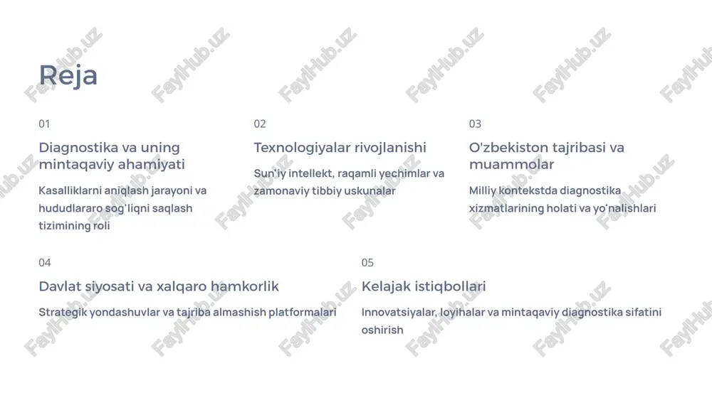 biy xizmatlarga kirishini osonlashtirmoqda. bu innovatsion yechimlar diagnostika jarayonlarini tezlashtirish, xatoliklarni kamaytirish va sog'liqni saqlash tizimining umumiy samaradorligini oshirishga xizmat qilmoqda. zamonaviy diagnostika texnologiyalari yuqori texnologiyali tibbiy uskunalar va telemeditsina platformalari orqali masofaviy tibbiy ko'rik va diagnostika xizmatlarini taqdim etish imkoniyati yaratilmoqda. mintaqaviy diagnostika: o'zbekiston tajribasi raqamli iqtisodiyot integratsiyasi bmttd hisobotida o'zbekistonning raqamli transformatsiya yo'nalishida olingan yutuqlar e'tirof etilgan. sog'liqni saqlash tizimida raqamli yechimlar joriy etilmoqda. telemeditsina loyihalarining kengayishi hududlarda telemeditsina markazlari ochilmoqda. bu ayniqsa chekka va qishloq hududlaridagi aholi uchun zamonaviy diagnostika xizmatlaridan foydalanish imkonini yaratmoqda. shahar va qishloq farqlari diagnostika xizmatlarining sifati va mavjudligi shahar va qishloq hududlarida farq qiladi. ushbu tafovutni bartaraf etish davlat siyosatining ustuvor yo'nalishlaridan biridir. diagnostika xizmatlaridagi asosiy muammolar uskunalar yetishmasligi qishloq joylarida zamonaviy diagnostika uskunalari yetarli emas. ko'plab tumanlar va qishloqlarda asosiy diagnostika vositalari ham mavjud emas, bu esa kasalliklarni o'z vaqtida aniqlashga to'sqinlik qilmoqda. kadrlar tanqisligi malakali tibbiy mutaxassislar asosan shahar markazlarida …