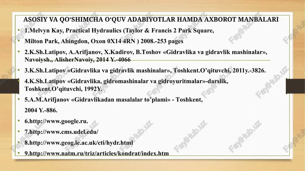 esimlarning yuzalariga teskari proporsionaldir bernulli tenglamasini keltirib shiqarishga doir eyler va nave-stoks tenglamalar sistemalarini yeshish yo`li bilan harakatlanayotgan suyuqlikning har bir nuqtasidagi tezlik va bosimni topish maqsadida, bernulli tenglamasi – suyuqliklar harakati ushun energiyaning saqlanish qonunidan foydalaniladi. ideal suyuqlik oqim nayshaning harakati uchun bernulli tenglamasi ideal suyuqlik oqimining harakati uchun bernulli tenglamasi real suyuqlik oqim naychani harakati uchun: bunda natijada quyidagi tenglamani olamiz real suyuqlik o’qim nayshaning harakati uchun bernulli tenglamasi real suyuqlik oqimining harakati uchun bernulli tenglamasi koriolius koeffitsiyenti  koeffitsiyenti - kesim bo’yicha tezlikning bir tekis miqdorda bo’lmasligini ifodalaydi koriolius koeffitsiyenti deb ataladi va quydagicha aniqlanadi. pezometrik chizik hamda suyuqlik bosimi chizig’lari bernulli tenglamasining grafigi pezometrik chizik suyuqlik bosimi chizigi ideal suyuqlik oqimcha uchun pezometrik chizik hamda suyuqlik bosimi chizig’iga doir shizma. real suyuqlik oqimi uchun pezometrik chizik hamda suyuqlik bosimi chizig’iga doir shizma. ideal va real suyuqliklar oqimcha va oqim uchun pezometrik hamda suyuqlik bosimi chizig’larini solishtirish …