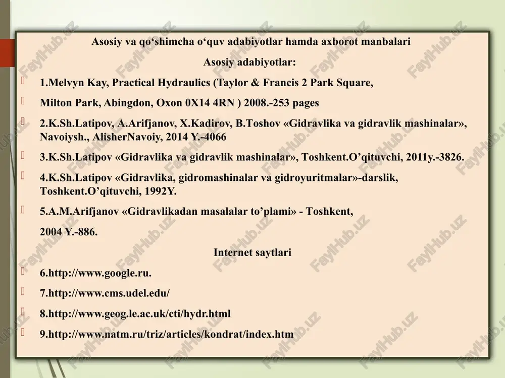 suyuqliklar harakat qonunlari va ularning harakatlanayotgan yoki harakatsiz qattiq jismlar bilan o’zaro ta’sirini o’rganuvchi bo’limiga gidrodinamika bo’limi deyiladi. harakatdagi suyuqlikni qonuniyatlarini o’rganishdagi masalalar 2.ichki masala: gidrodinamik tavsiflarni aniqlash masalasi 1.tashqi masala: suyuqlikoqimiga ta’sir etayotgan tashqi kuchlarini aniqlash masalasi gidrodina mik bosim(p)- harakatdagi suyuqlik nuqtasidagi ichki bosim suyuqlik zarrachalarining tezligi (v) - zarrachaning fazodagi harakatni o’zgarish tezligi suyuqlik oqimining gidrodinamik tavsiflari tezlik va bosim maydonlari vaqt o’tishi bilan o’zgarib boradi harakatga mos keluvchi tezlik to’plamlariga tezlik maydoni deb ataladi tezlik va bosim maydonlari bosim vektorlaridan iborat bo’lgan to’plamga bosim maydoni deb ataladi suyuqlik oqimining harakat turlari barqaror harakat p = f (x, y, z) u = f (x, y, z) beqaror harakat p = f (x ,y ,z ,t) u = f (x ,y ,z, t) notekis harakat bosimli bosimsiz suyuqlik harakatining oqimchali modeli elementar oqimcha oqim chizig’i traektoriya oqim naychasi traektoriya traektoriya deb vaqt t ichida suyuqlik zarrachasini qoldirgan iziga …