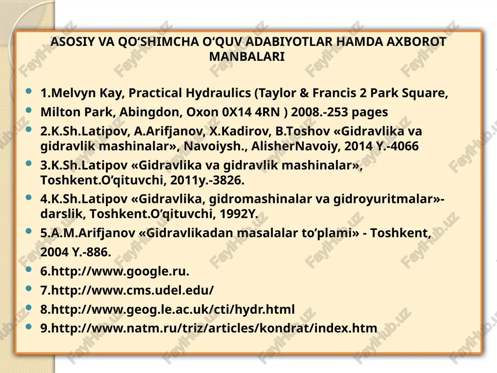 jriba o‘tkazish uchun moslama: 1 - suyuqlik to‘ldirilgan sig’im a 2-shishadan yasalgan quvur 3 - kran kr1 4-rangli suyuqlik bilan tuldirilgan idish-v bu yerda: v -suyuqlikning o‘rtacha tezligi, m/s d -quvurning ichki diametri,m ν -ko‘rilayotgan suyuqlikning kinematik qovushqoqlik koeffitsienti, m2/c v - o‘rtacha tezlik d - quvurning ichki diametri m sm2/s - kinematika qovushqoqlik koeffitsienti - gidravlik radius, m - suv chuqurligi,m turli-xil ko‘ndalang kesimli ochiq va yopiq o‘zanlar uchun reynolds sonini aniqlash formulalari: n.n.pavlovskiy formulasi i.i.agroskin formulasi maning formulasi forxgeymer formulasi harakatdagi oqimining sarf koeffitsienti- shezi koeffitsientini aniqlash n-g‘adir budurlik koeffitsienti bo‘lib tuproq turi, quvurlar qorishmalari turi, o‘zanlar ishlash sharoitiga bog‘liq gidravlika fani darsliklari va uslubiy ko‘rsatmalari maxsus jadvallaridan qabul qilinadi. oqim harakatining tartiblari laminar tartib o‘tkinchi tartib turbulent tartib tartibli beqaror tartibsiz-to‘lqinsimon barqaror tartibsiz reynolds soni kritik reynolds soni quvurlar uchun kritik reynolds soni ochiq o‘zanlar uchunkritik reynolds soni oqim tartiblari laminar barqarorlashgan turbulent o‘tkinchi suyuqliklarda ishki qarshiliklarning …
