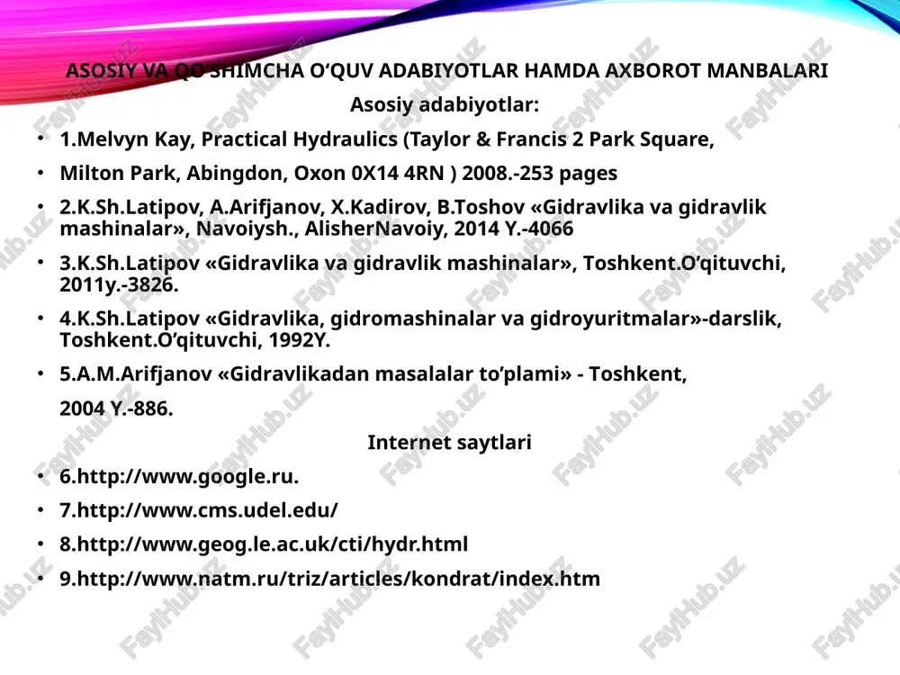 ning kamayishi real suyuqliklar ushun bernulli tenglamasida keltirilgan bosimning pasayishi h1-2 ni hisoblash trubalar va trubalar sistemasini hisoblashda asosiy masala hisoblandi. ishqalanish qarshiligi- real suyuqliklar ishki qarshiligiga bog`liq bo`lib, quvurlarning hamma uzunligi bo`yisha t'asir qiladi. bosimning pasayishi (h1-2) ni hisoblashning muhimligi - suyuqlikni oqizish ushun qancha energiya kerak ekanligini aniqlashga imkon beradi. quvurlarda bosimning kamayishi ishqalanish qarshiligi va mahalliy qarshilikka bog`liq. mahalliy qarshilik- quvurning shakli o`zgarishiga bog`liq bo`lib har qanday o`zgarishi vaqtida paydo bo`ladi ikki kesimlar uchun bosimning yoki energiyaning kamayishi (yoqotish) otabekarabboyev@sayyod91 mahalliy qarshilik koeffisenti mahalliy qarshilik kesimidan keyingi kesimdagi oqimning o'rtacha tezligi. quvurning keskin kengayishida mahalliy qarshilik koeffisiyenti  ni nazariy usul bilan hisoblash (bord teoremasi) p2 > p1 bo`lgani ushun 1-1 kesimdagi pezometrda suyuqlik satxi 2-2 kesimdagi pezometrdagi suyuqlik sathidan h qadar past bo`ladi. ana shu ikkinshi pezometrdagi suv satxining h qadar pasayib qolishi mahalliy gidravlik yo`qotishdan iboratdir. agar kesimning kengayishi hisobiga gidravlik yo`qotish bo`lmaganda edi, bu …