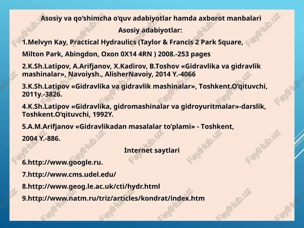 ikkinchi nuqtasiga o’tishda, tezligini o’zgartirmasa, bunday xarakat tekis xarakat deb ataladi. notekis xarakat suyuqlik zarrachasi vaqt o’tishi bilan, xarakat yo’nalishi bo’yicha, xarakat fazosining bir nuqtasidan ikkinchi nuqtasiga o’tishda tezligi o’zgarib borsa, notekis xarakat deb ataladi. bosimli harakat bosimli xarakat deb bosim va og’irlik ta’sirida sodir bo’ladigan harakatga aytiladi. bosimli xarakat vaqtida suyuqlik har tomondan devor bilan o’ralgan bo’lib, erkin sirt bo’lmaydi. bosimli xarakatga quvurlarda to’la kesim bo’ylab oqayotgan suyuqlikning xarakati misol bo’ladi. bosimsiz harakat bosimsiz xarakat vaqtida suyuqlik faqat og’irlik kuchi ta’sirida harakat qilib, erkin sirtga ega bo’ladi. bosimsiz xarakatga darylardagi, kanallardagi,to’lmasdan oqayotgan quvurlardagi suvning xarakatlari misol bo’ladi.. barqaror haxarakat suyuqlik oqayotgan fazoning har bir nuqtasida tezlik va bosim vaqt o’tishi bilan o’zgarmas va faqat koordinatalarga bog’liq bo’lgan xarakatga barqaror xarakat deb ataladi, yani p=f(x;y;z) u=f(x;y;z) beqaror xarakat xarakat vaqtida suyuqlik oqayotgan fazoning har bir nuqtasida tezlik va bosim vaqt o’tishi bilan o’zgarib turgan xarakatga beqaror xarakat deb ataladi, yani …