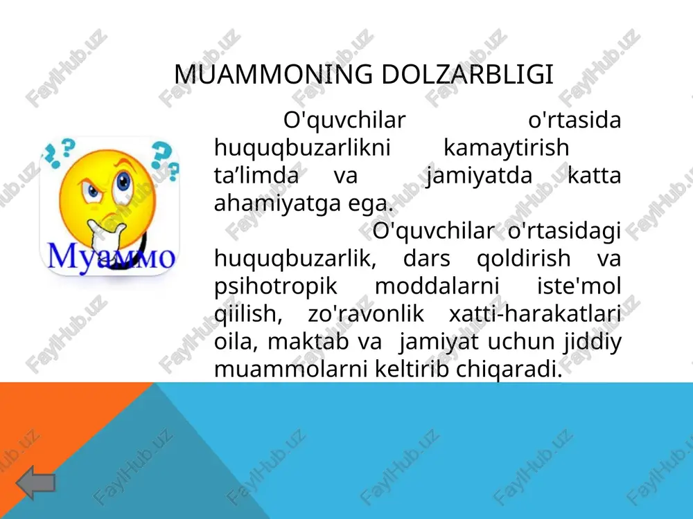 ing tarbiyasi uchun javobgar bo‘lganlarning gardaniga tushadi”. maqsad o'quvchilarning huquqbuzarliklarini o'rganish ta'lim muassasalarida o'quvchilarning xavfsizligi va farovonligini oshirishga yordam beradi. o'quvchilarning huquqbuzarliklarini o'rganish jamoat xavfsizligini ta'minlash va jamiyatda jinoyatchilikni kamaytirishga qaratilgan keng ko'lamli sa'y-harakatlarga hissa qo'shadi. tadqiqotlar shuni ko'rsatdiki, o'smirlikdagi huquqbuzarlik ko'pincha kelajakdagi jinoyatlarni bashorat qiladi. o'quvchilar o'rtasida huquqbuzarliklarni bartaraf etish orqali biz huquqbuzarliklar siklini buzishimiz va jamiyatda jinoyatchilikning tarqalishini kamaytirishimiz mumkin. vazifa: maktab yoki mahallada o'quvchilarning huquqbuzarliklarining ko'lamini har tomonlama o'rganish. ijtimoiy-iqtisodiy noqulaylik, oiladagi muhit, tengdoshlar ta'siri va maktabda huquqbuzarliklarga sabab bo'lgan omillarni aniqlash. maktab ma'muriyati, o'qituvchilar, ota-onalar, o'quvchilar, huquqni muhofaza qilish organlari, ijtimoiy xodimlar va jamoat rahbarlari bilan hamkorlik qilish. huquqbuzarlikka sabab bo'layotgan ijtimoiy-iqtisodiy va ekologik omillarni bartaraf etuvchi islohotlarni targ'ib qilish, yoshlar uchun tenglik va adolatni ta'minlash. xorijiy tajriba yaponiya maktablarida axloqiy tarbiya, xarakterni rivojlantirish va tengdoshlar bilan ijobiy munosabatlarga e'tibor qaratgan holda o'quvchilar o'rtasida hamjamiyat va daxldorlik tuyg'usini rivojlantirishga qaratilgan. tengdoshlar o'rtasidagi qat'iy, ammo adolatli intizomiy …