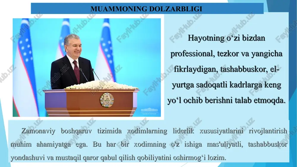 qadar ish xaqqining kamayishi yoki umuman berilmasligiga rozi bo`ladilar. mavzu yuzasidan xorijiy tajribalarni o‘rganilganligi va qiyosiy tahlil etilganligi * liderlik xususiyatlarini rivojlantirishdagi muhim omillar ilhomlantiruvchi muhit har bir xodimning o'z qobiliyatlarini ishga solishga ilhomlantiruvchi muhit yaratish muhim. bu ijodiy muhit, raxbar va xodim oorasidagi ochiq muloqot va o'zaro hurmat asosida bo'lishi kerak. malaka oshirish imkoniyatlari xodimlarga o'zlarining professional malakalarini oshirish imkoniyatlarini berish, seminar, trening va master-klasslar tashkil etish muhim. mas'uliyatli vazifalar xodimlarga mas'uliyatli vazifalar yuklash, mustaqil qaror qabul qilish imkoniyatini berish ularning liderlik xususiyatlarini rivojlantirishga yordam beradi. mukofotlash tizimi muvaffaqiyatli xodimlarni rag'batlantirish tizimini joriy etish, ularni liderlik xususiyatlarini rivojlantirishga bo'lgan ishtiyoqini oshiradi. xulosa shiddat bilan rivojlanib borayotgan yangi o`zbekistonda zamonaviy boshqaruv tizimida xodimlarning liderlik xususiyatlarini rivojlantirrish juda ham muhim. o`z ishiga mas`uliyatli rahbar kadrlarni tanlash, o`qitish,qayta tayyorlash, ularning bilim saviyalarini yanada yuqori bo`lishi bilan bog`liq shart sharoitlarni yaratish masalasi taraqqiyotning muhim omiliga aylanib bormoqda. shunday ekan jamoadagi har bir pedagog …