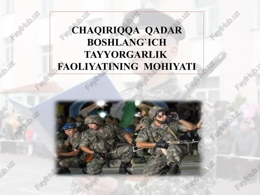 uh va komandirini tayinlash to’g’risidagi buyruq harbiy to’garaklar ish rejasi chqbt rahbarining shaxsiy ish rejasi harbiy vatanparvarlik va guruhdan tashqari ishlar to’g’risidagi hamda o’quv-moddiy bazasini takomillashtirish to’g’risidagi takliflarni o’quv yurtining yillik rejasiga kiritish yoshlarni chaquruvga qadar boshlang’ich tayyorgarli fanini o’qitish metodlari uy vazifa hikoya maktab leksiyasi suhbat o’quv materialini mustaqil o’rganish mashq ko’rsatish uslubi o’qitish metodi tushuntirish 1 2 3 4 5 6 7 8 xorij davlatlarida ychqbt xolati aqshning 6 ta ramzi tasvirlangan: ( ozodlik qo‘ng‘irog‘i, aqsh bayrog‘i, kal burgut, milliy madhiya, sem amaki va ozodlik haykali). ushbu ramzlar aqsh maktab o’quvchilarining milliy ramzlari xosoblanadi. ularda o‘z yurti va xalqi taqdiri uchun yuksak mas’uliyat va javobgarlik kabi muhim xususiyatlarni shakllantiradi. “chaqiruvga qadar boshlang'ich tayyorgarlik” fanini o'zlashtirgan o'quvchilar o'zbekiston respublikasi qurolli kuchlari safiga harbiy xizmatga chaqirilgan paytda vatanni himoya qilishda o'zining konstitutsiyaviy burchlarini benuqson bajarishlari va qisqa muddatda ularga ishonib topshirilgan zamonaviy qurollar hamda harbiy texnikalarni bilishlari lozim xususan, yoshlarni …