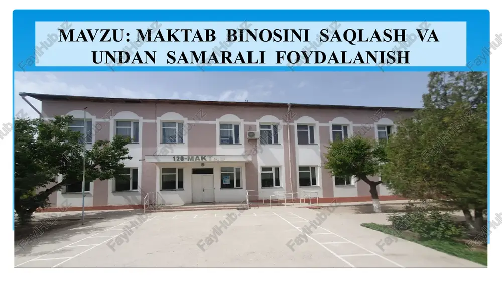 gi uchun maktabda boshqa oyoq kiyimdan foydalanadi o‘qituvchi, o‘quvchi hamda tegishli xodimlar birgalikda teng mabtab binolari va jihozlariga javobgar bo‘ladi va muntazam tadbirlar amalga oshiriladi fransiya hukumati esa maktab resurslaridan to‘g‘ri, unumli foydalanishni ta’minlash uchun maktablar o‘rtasida musobaqali programmalar tashkil qilgan va bu o‘quvchilar uchun kichik bir "motivatsiyadir" yaponiya maktablarida tozalik ishlari o‘quvchilar tomonidan olib boriladi. tozalash ishlari o‘yin tarzida tashkil etiladi va har bir o‘quvchi o‘zi nima ish qilish kerakligini biladi. yilda uch marta maktab atrofida tozalash, obodonlashtirish ishlari amalga oshiriladi qiyosiy tahlil t/r amaldagi holat (o‘zbekistonda) amaldagi holat (xorijda) taklif 1 pul yig‘imlari mumkin emas, homiylikni hamma ham istamaydi yaponiyada yonidan pul sarflamay, kerakli chiqindilarni sotish orqali ota-onalar qo‘mitasi mablag‘ yig‘ishadi maktab binosini ta’mirlashda homiylarni qiziqtirish ishlarini tashkil qilish 2 sinf xonalar tuzilishi zerikarli, bir xil uslubda uch qator parta va bitta doskadan iborat sinf xonalarda mebil va jihozlar interaktiv mashg‘ulotlarga mos ravishda joylangan sinf xonalarni fan maqsadidan …