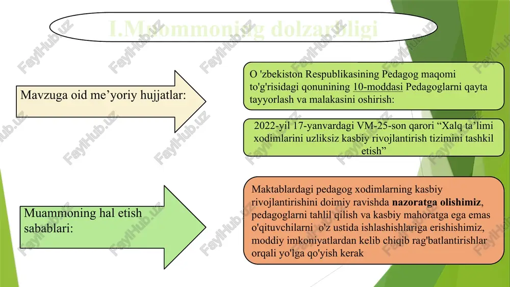 i oshirishda muommoga duch kelishi mumkin. ko'pchilik pedagog xodimlarning kasbiy rivojlanishiga to'siqlar quyidagi vaziyatlarda paydo bo'lishi mumkin: rahbar-xodim tomonidan qo'llab-quvvatlanmasligi o'ziga ishonmaslik vaqtning yetishmasligi sog'ligi tufayli anglash; qabul qilish; o'zgartirish kabi terminlarga asoslanaman. . men rahbarlik qilayotgan maktabda pedagoglarning tahlilini(swod) qilib samaradorlikni oshirish uchun 3 qadam terminini ilgari suraman: yuqoridagilarni inobatga olib, rahbar o'zgarishni oldindan ko'ra olsa, yakuniy natija xodimlarni o'zgarishlarga ijobiy yondashishiga olib keladi. natija faoliyat tanlov rejalashtirish taxlil iv. v a z i f a : maktabning menejer va lider rahbar sifatida pedagog xodimlarning kasbiy rivojlantirish strategiyasini ishlab chiqish va amalga oshiriladigan ishlar ketma-ketligi: ichki tashqi -tahlil: bunda, maktabdagi barcha pedagog xodimlarni tahlil(ma’lumotlar yig'ish) qilish tanlov(rejalashtirish): to'plangan(tahlillar) ma’lumotlar asosida pedagoglarni 4 ta darajaga ajratib olamiz i darajali: adaptiv-yangi hodimlar 1-3 yil stajli ii darajali: funksianal- o'zim bilaman, o’zim hohishim bo’yicha iii darajali: mahoratli iv darajali: moderator- zamon talablariga javob beradigan kelgusi faoliyat uchun to'g'ri va samarali harakat yo'nalishini …