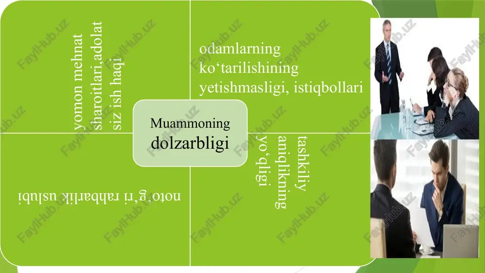isida”gi qonun (o‘rq-901 son 01.02.2024) foydalanilgan internet saytlar: lex.uz vikipediya maqsad demotivatsiyani bartaraf etish uchun avvalo qanday (tashqi yoki ichki) omillar sababli demotivatsiya paydo bo‘lganini aniqlash, shunga qarab psixologlar yordamida barcha xodimlardan so‘rovnoma olish va olingan so‘rovnomalarni tahlil qilish. suhbat tashkil qilish,xodimni eshitish va fikrlarini o‘zi bilan tahlil qilish. maktab faoliyatiga oid mas’uliyatli topshiriqlar berish. mehnat unumdorligiga erishish. sifatli ta‘limni tashkil etish. menejer nafaqat aniq bir xodimning, balki butun jamoaning ahvoli haqida qayg‘urishi kerak.demotivatsiya yuqumli, shuning uchun tarqalayotgan “kasallik” ning to‘liq ko‘lamini darhol baholash kerak. bunday holda, psixologlar xodimlarning anonim so‘rovlarini o‘tkazishni va ularning ishdan qoniqish darajasini aniqlashni tavsiya qiladi. agar jamoada xodimlarni boshqarish bo‘yicha ichki xizmat mavjud bo‘lsa, siz o‘zingiz ham hal qilishingiz mumkin. agar vaziyatni eng obektiv baholash talab etilsa yoki jamoada bunday auditni birinchi marta o‘tkazayotgan bo‘lsa, tashqi maslahatchilarni jalb qilish kerak. xodimlarning kasbiy o‘sishi va rivojlanishi uchun sharoitlar yaratish,tegishli ish haqini ta’minlash bajarilgan ish uchun e’tirof,rahbariyat …