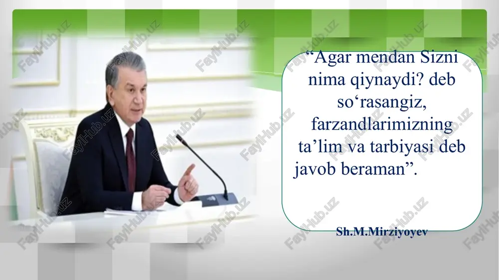 formasini yaratish, ota onalarning farzand ta‘lim tarbiyasidagi ma’suliyatini oshirish zarurligini ta’kidlab o‘tish; yurt kelajagi bo‘lgan yoshlarning, bolalarning mustaqil va erkin shaxs sifatida shakllanishida ota-ona va maktab hamkorligini yanada mustahkamlashni samarali tashkil etish; “maktab-ota-ona-mahalla’’ hamkorligi hayotiy zarurat ekanligini kengroq targ‘ib qilish; 1 2 3 sinf va maktab, ota-onalar majlislari muammolarni va kamchiliklarnigina muhokama qilinadigan yig‘inlar o‘rniga ko‘ngilochar uchrashuvlar, o‘zaro ishonch va hamkorlikka asoslangan majlislar tashkillashtirish va o‘tkazish. o‘quvchilarning oilalariga borib o‘rganish. bu oila bilan aloqa qilishning eng samarali shakllaridan biridir. bunda sinf rahbari o‘quvchining ota-onasi, uning yashash sharoiti, moddiy imkoniyatlari bilan tanishishga imkon topadi. muammo yuzasidan xorijiy tajribalarni o‘rganish. o‘zbekistonda maktab –ota-ona –oila munosabatlarni tartibga solar ekanmiz, albatta, dunyo tajribasini ham o‘rganib chiqishimiz kerak; oʻzbekistonda ta’lim olish oʻzbekiston respublikasi konstitutsiyasiga asosan bepul etib belgilangan. xorijiy mamlakatlar tajribasidan shuni koʻrishimiz mumkunki rivojlangan mamlakatlarning koʻpchiligini oʻz kelajagi uchun sarmoyasini oʻz farzandini bilim olishiga yoʻnaltiradi. bu sarmoya yaqin kelajakda katta foyda olib kelmasligi mumkin,ammo …