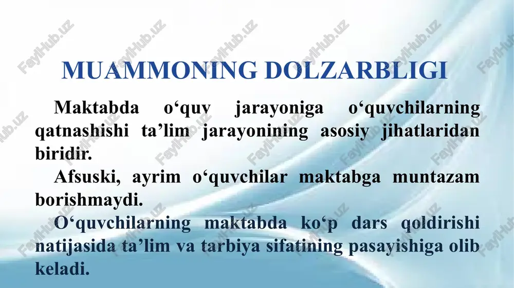 qtidorini namoyon qilishi uchun to‘siq bo‘ladigan sabablarni aniqlash va muammoni bartaraf etish yo‘llarini izlash, hayotda o‘z o‘rnini topishga ko‘maklashish. shaxs sifatida shakllanishida oila, mahalla yettiligi, inspektor-psixologlar va maktab hamkorligida ta’lim-tarbiya sifatini oshirish. maqsad v a z i f a maktabda ko‘p dars qoldiradigan o‘quvchilar bilan alohida suhbatlar o‘tkazish, dars qoldirish sabablarini atroflicha o‘rganish. maktab dasturi yuklamasiga bardosh bera olmasdan ko‘p dars qoldiradigan, maktab darslariga qiziqishi yo‘q, sust o‘zlashtiruvchi o‘quvchilar bilan yakka tartibda ishlash, ularni osondan qiyinga, soddadan murakkabga qarab yo‘naltirish, ularga motivatsiya berish va o‘ziga nisbatan ishonch uyg‘otish; o‘qituvchi bilan ziddiyatga borgan ko‘p dars qoldiradigan o‘quvchilarning xulq-atvor va moslashish muammolari, individual muammolarini hal qilish uchun psixologik-pedagogik yordam xizmati mutaxassislari bilan uchrashuvlar tashkil qilish; oilaviy muammolar natijasida darsni ko‘p qoldiradigan o‘quvchilarning ota-onalari bilan mahalla yettiligi, inspektor-psixologlar hamkorligida tizimli targ‘ibot-tushuntirish ishlarini olib borish; germaniyada ota-onasining arizasi bilan 3 kungacha maktabda dars qoldirish mumkin. 3 kundan ortiq dars qoldirilsa, oyiga umumiy dars soatlarining …