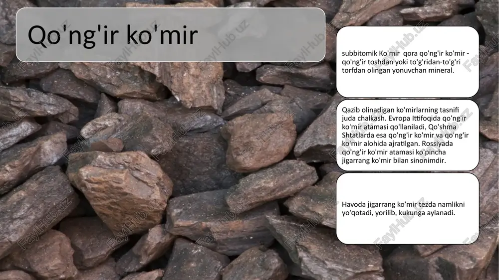 i topildi. moskva havzasining kashf etilishi ham o'sha yilga to'g'ri keladi. rossiyada birinchi ko'mir konlari uraldagi kizel shahri yaqinida, tula shahri (moskva havzasi) va ukrainada lisichansk shahri yaqinida paydo bo'lgan (bu erda qurilgan shaxta 1796 yilda ko'mir ishlab chiqarishni boshlagan; u 1860 yillargacha asosiy ko'mir qazib olish korxonasi bo'lib qolgan). 21-asr boshlarida jahon sanoat ishlab chiqarishining o'sishi davom etdi, bu esa o'z navbatida energiya resurslari bilan yanada ko'proq ta'minlashni talab qildi. jahonda ko'mir importi quyidagi yirik ishlab chiqaruvchilar tufayli mumkin: - xitoy 2000-2012 yillarda jahon ko'mir qazib olish bo'yicha birinchi o'rinni egallab , ko'rsatilgan davrda uning o'sishi 44,2% ni tashkil etdi; - aqsh dunyodagi eng yirik ko'mir eksportchisi. 2011 yilda uning ishlab chiqarish hajmi 973 million tonna ko'mirni tashkil etdi. - hindiston 557 million tonna bilan uchinchi o'rinda; - avstraliya 4-o'rinda (409 mln tonna); - rossiya 5-o'rinda (302 million tonna); - indoneziya, janubiy afrika va germaniya o'rtacha 190 million tonna …